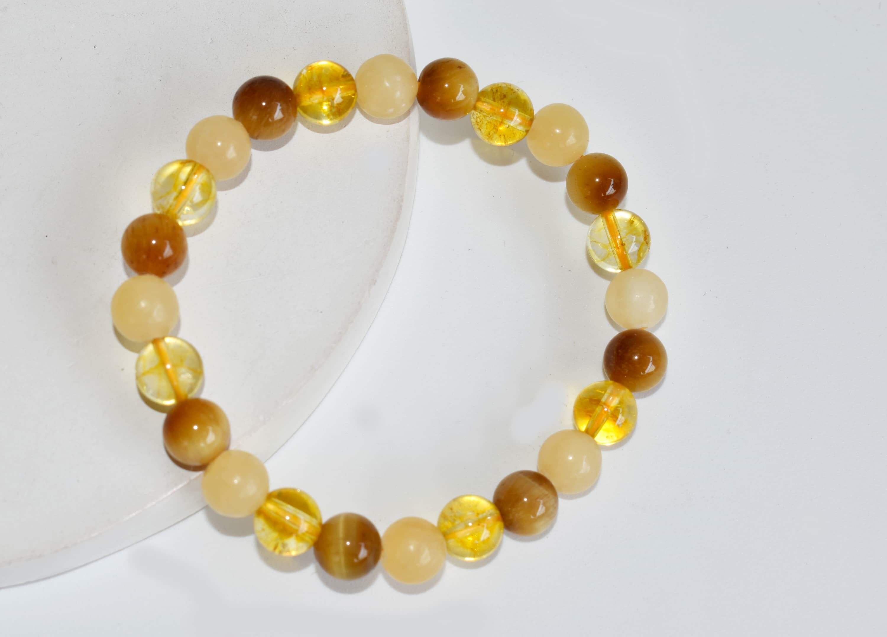 Solar Plexus Chakra Bracelet (Yellow) - 8mm Round Gemstone Beads | Citrine, Tiger Cats Eye Yellow, Honey Calcite, Wrist Size 7-7.5 Inches