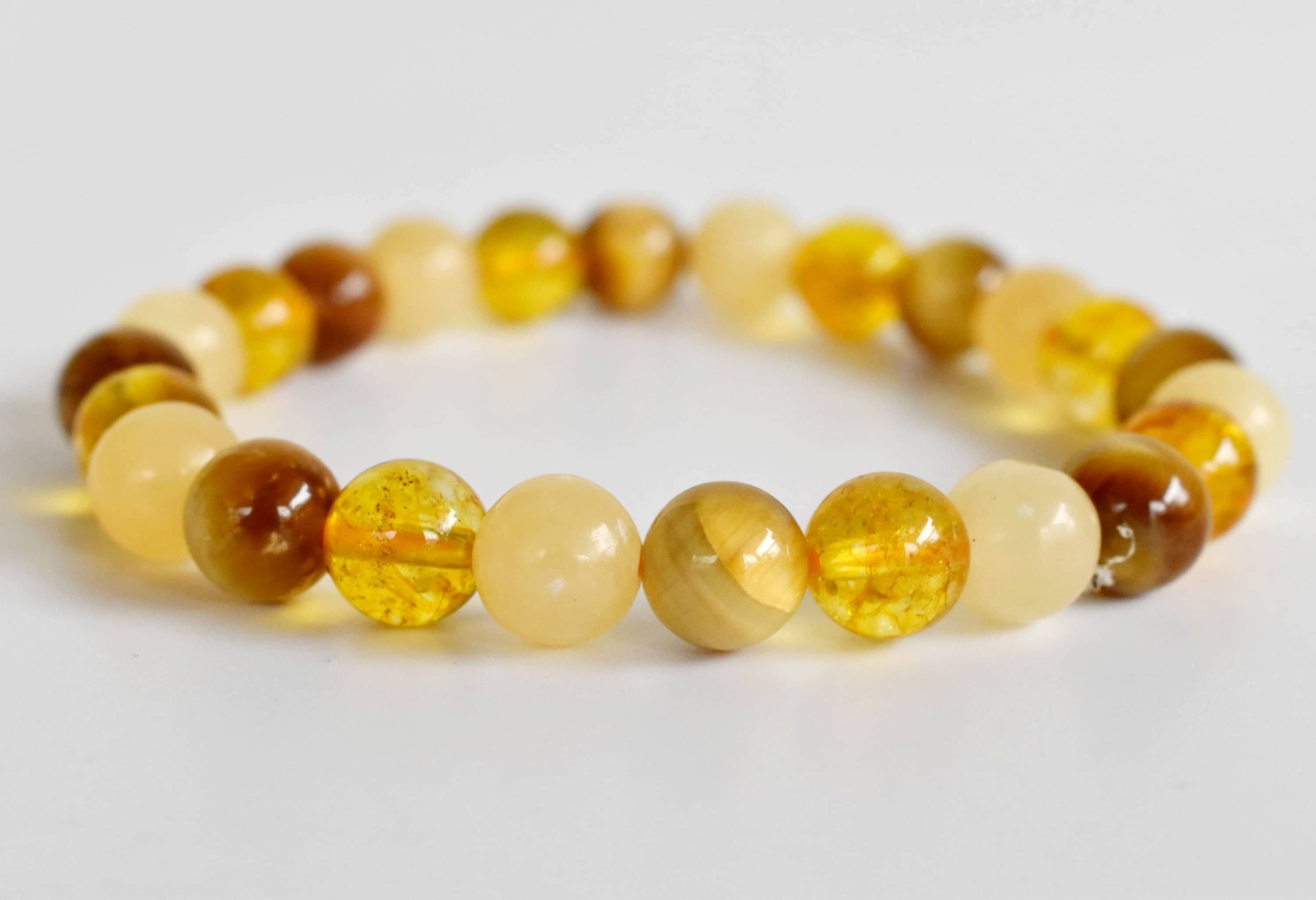 Solar Plexus Chakra Bracelet (Yellow) - 8mm Round Gemstone Beads | Citrine, Tiger Cats Eye Yellow, Honey Calcite, Wrist Size 7-7.5 Inches