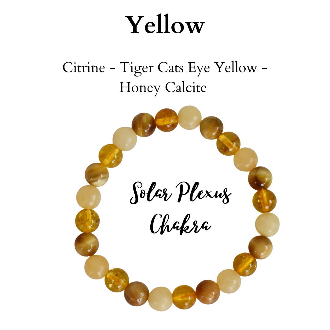 Solar Plexus Chakra Bracelet (Yellow) - 8mm Round Gemstone Beads | Citrine, Tiger Cats Eye Yellow, Honey Calcite, Wrist Size 7-7.5 Inches