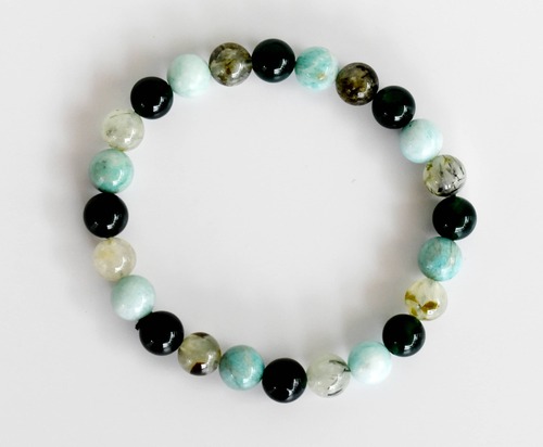Heart Chakra Bracelet Crystal Beaded Bracelet - 8mm Round Beads, Multi-Color Green Jade, Prehnite, Amazonite | Wrist Size 7-7.5 Inches, Weight 22 Grams