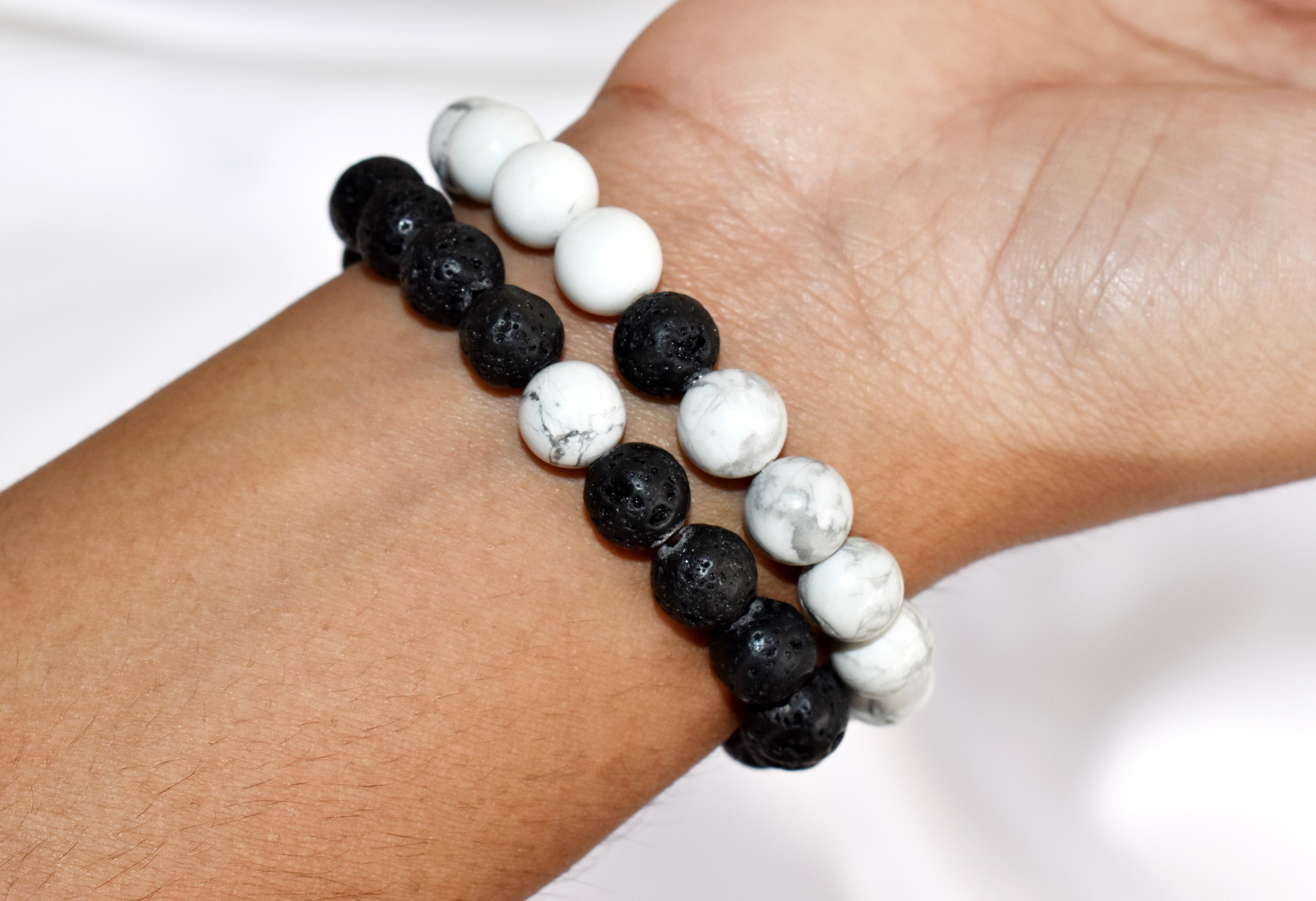 Lava Howlite Couples Crystal Bracelets - 8mm Gemstone Beaded Jewelry, 7-7.5 Inches In Length, Multi-color Round Stones, 22 Grams