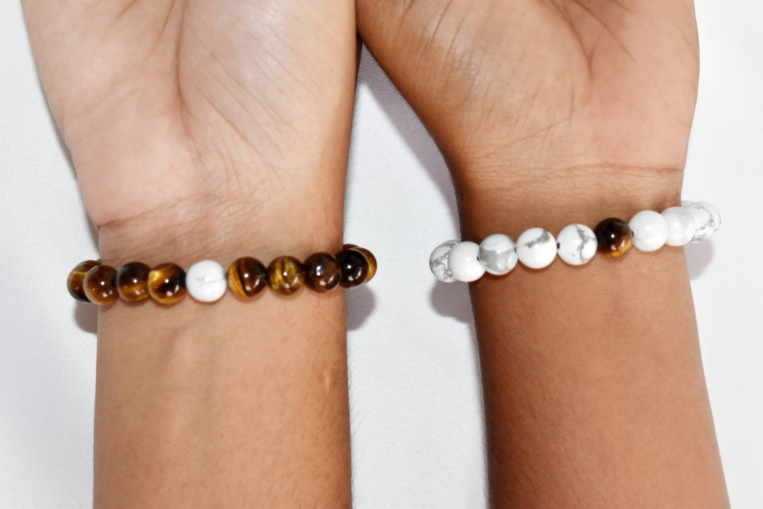 Couples Gemstone Bracelet - 8mm Howlite & Tiger Eye Multi-color Beaded Jewelry For Relationship Bond
