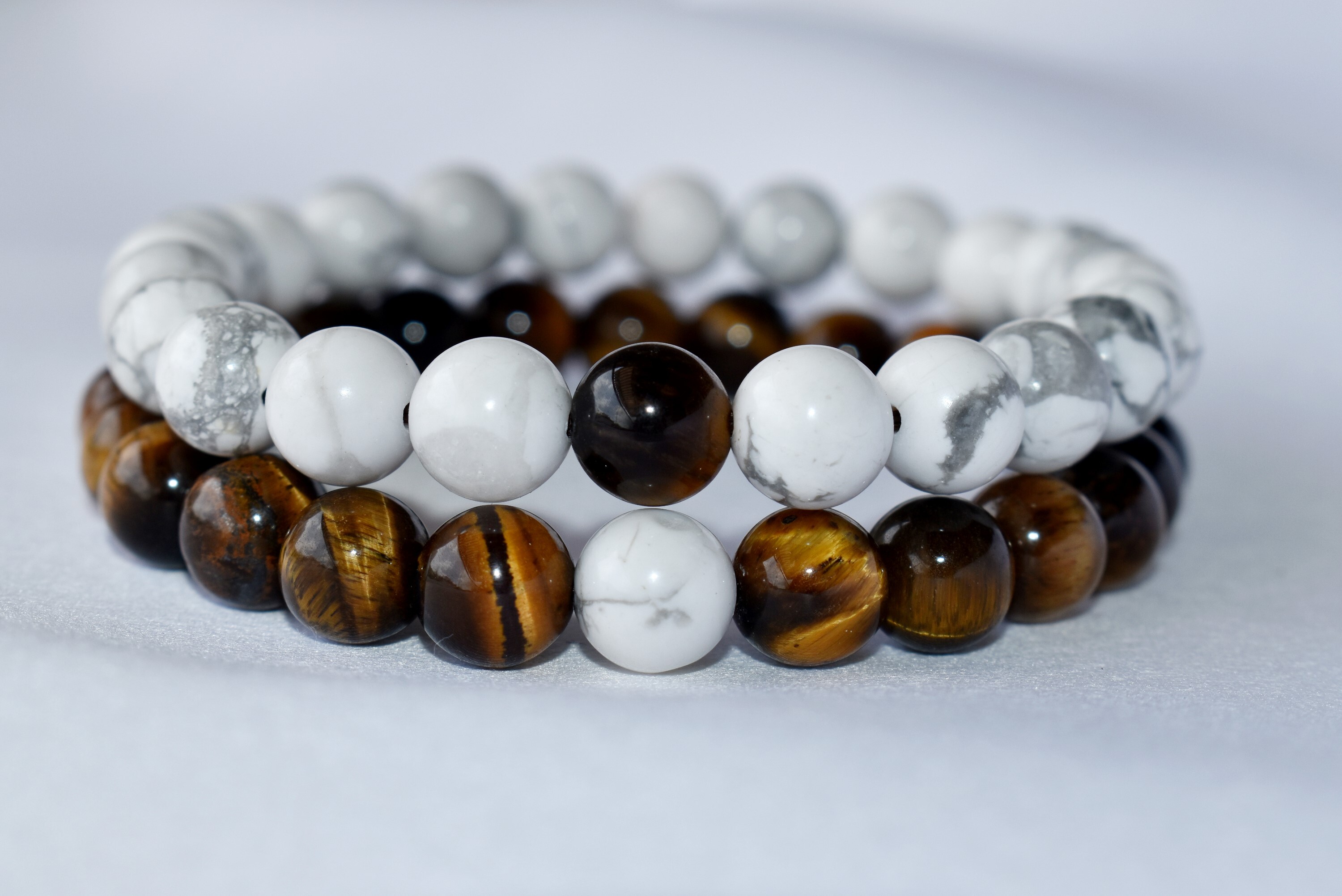 Couples Gemstone Bracelet - 8mm Howlite & Tiger Eye Multi-color Beaded Jewelry For Relationship Bond