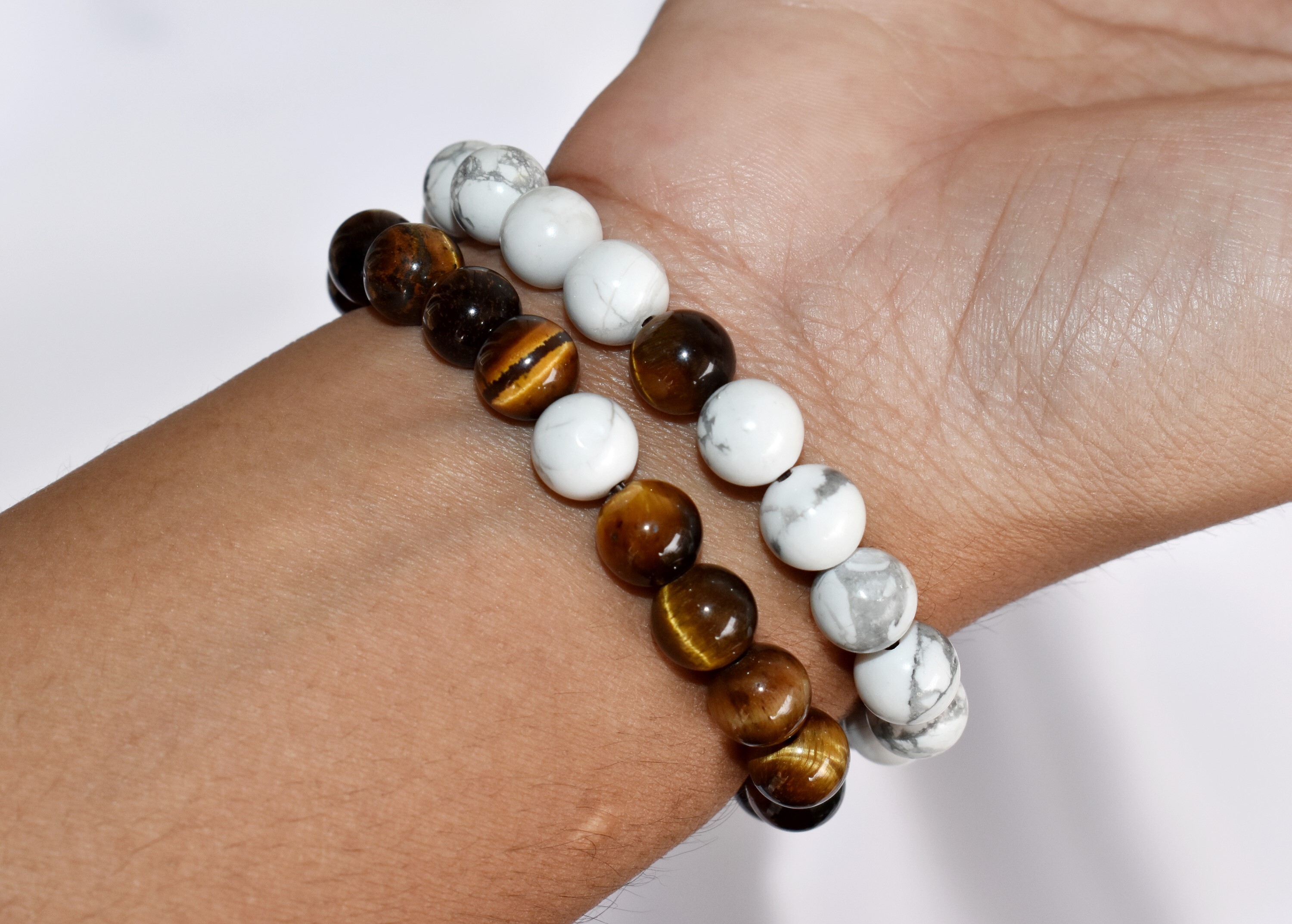 Couples Gemstone Bracelet - 8mm Howlite & Tiger Eye Multi-color Beaded Jewelry For Relationship Bond