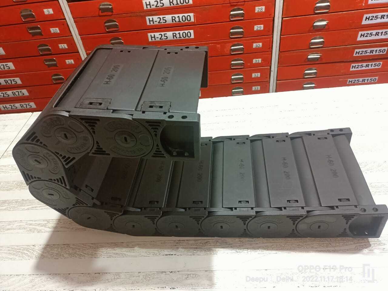 Cable Drag Chain - Nylon-66, 60x200mm, Black | 1-year Warranty, Square Hole Shape, Ready Stock, Semi Closed Design