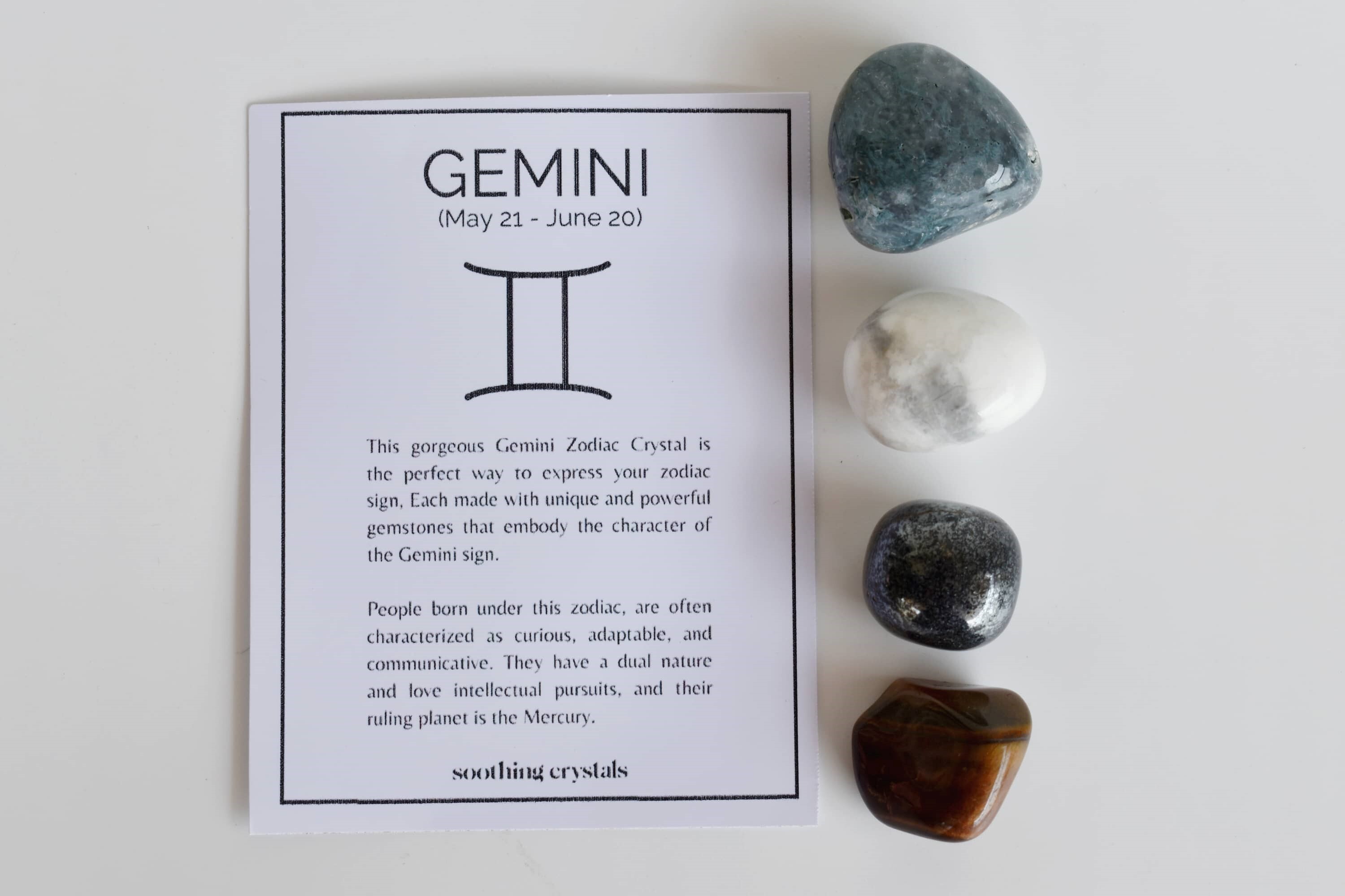 Gemini Zodiac Crystal Kit - 4pcs Tumbled Stones & 8mm Round Bead Bracelet | Natural Gemstones: Tiger Eye, Hematite, Howlite, Moss Agate