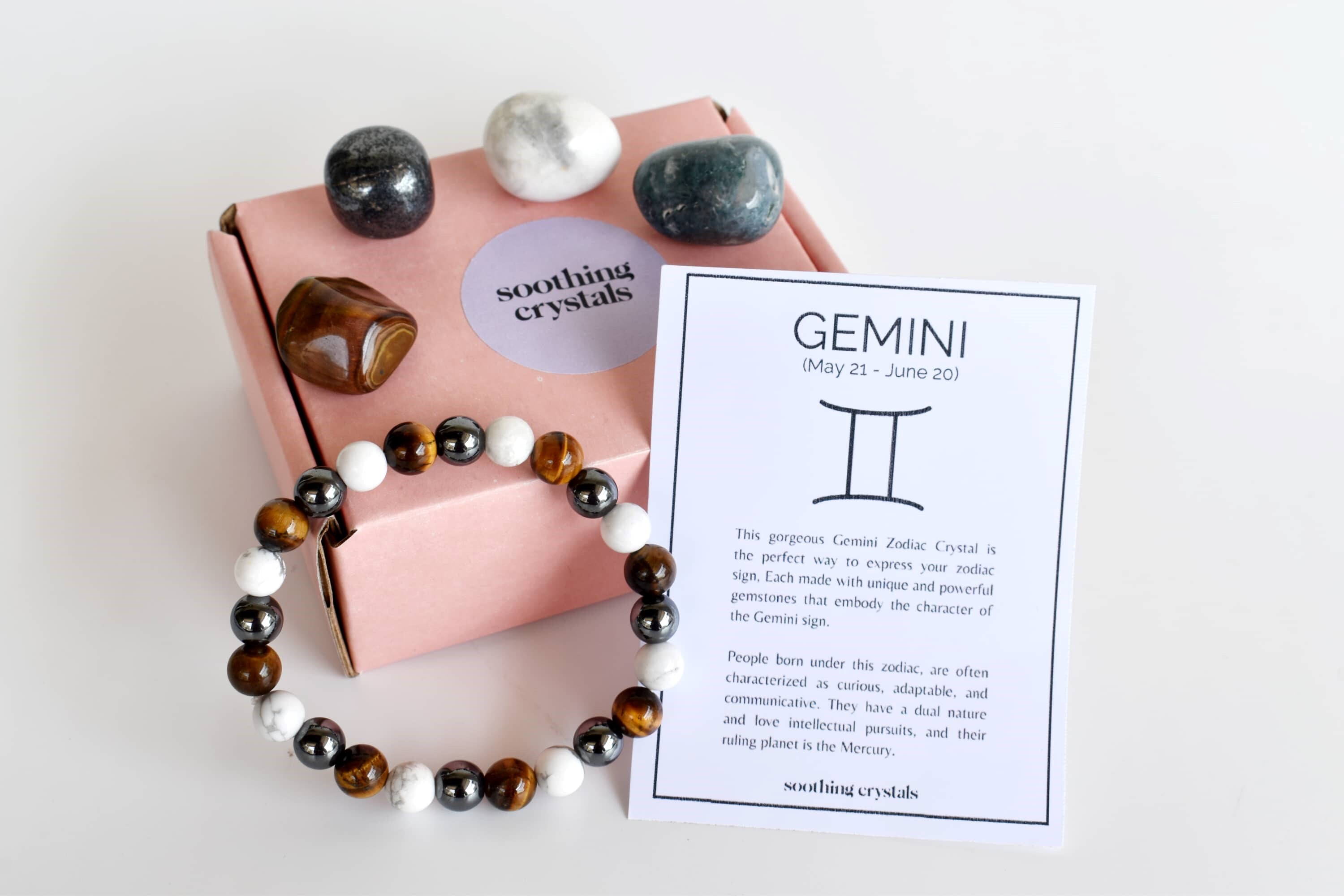Gemini Zodiac Crystal Kit - 4pcs Tumbled Stones & 8mm Round Bead Bracelet | Natural Gemstones: Tiger Eye, Hematite, Howlite, Moss Agate