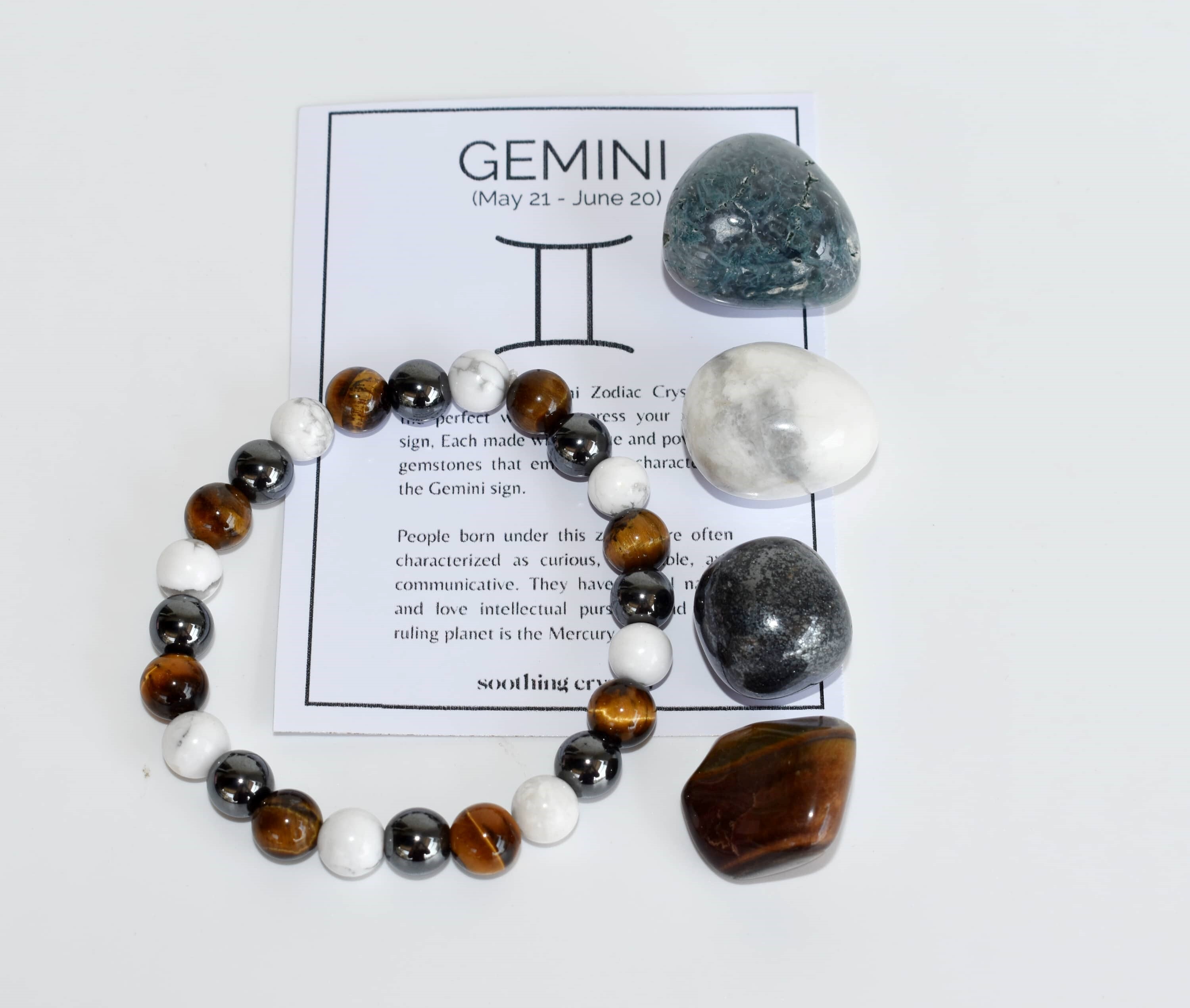 Gemini Zodiac Crystal Kit - 4pcs Tumbled Stones & 8mm Round Bead Bracelet | Natural Gemstones: Tiger Eye, Hematite, Howlite, Moss Agate