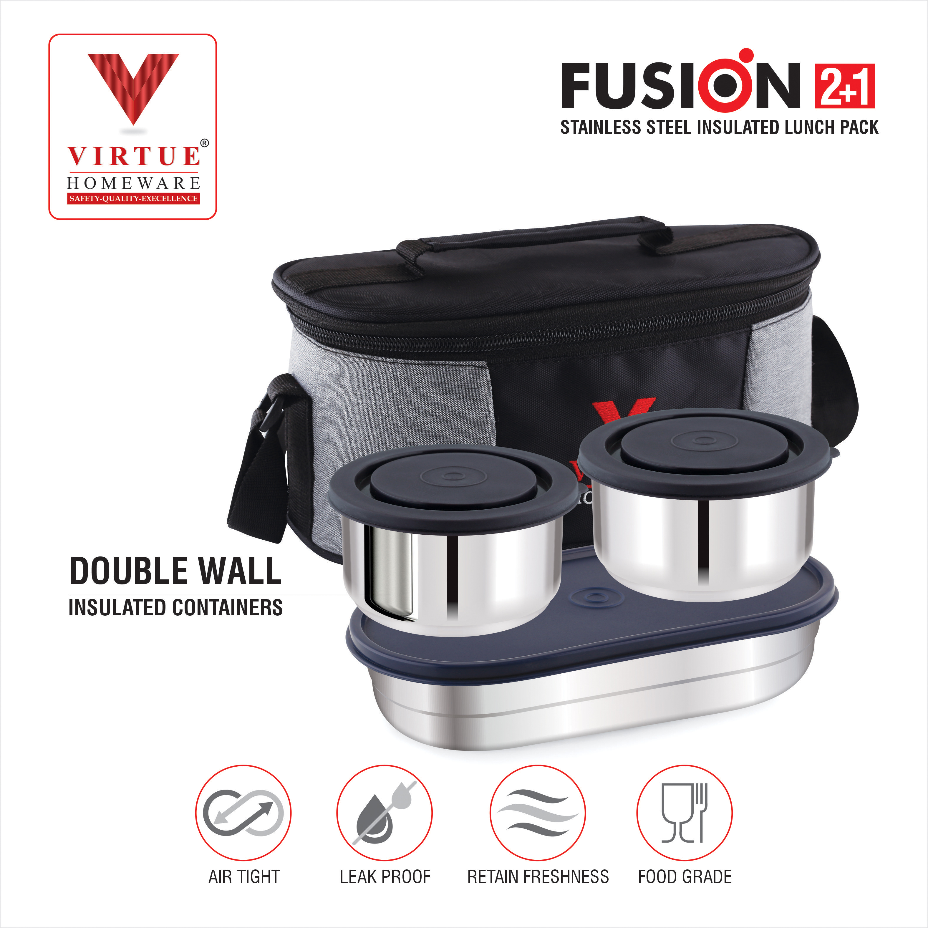 Fusion 2+1 Virtue Homeware Stainless Steel Lunch Box Pack - Inside Layers: 2 Layers