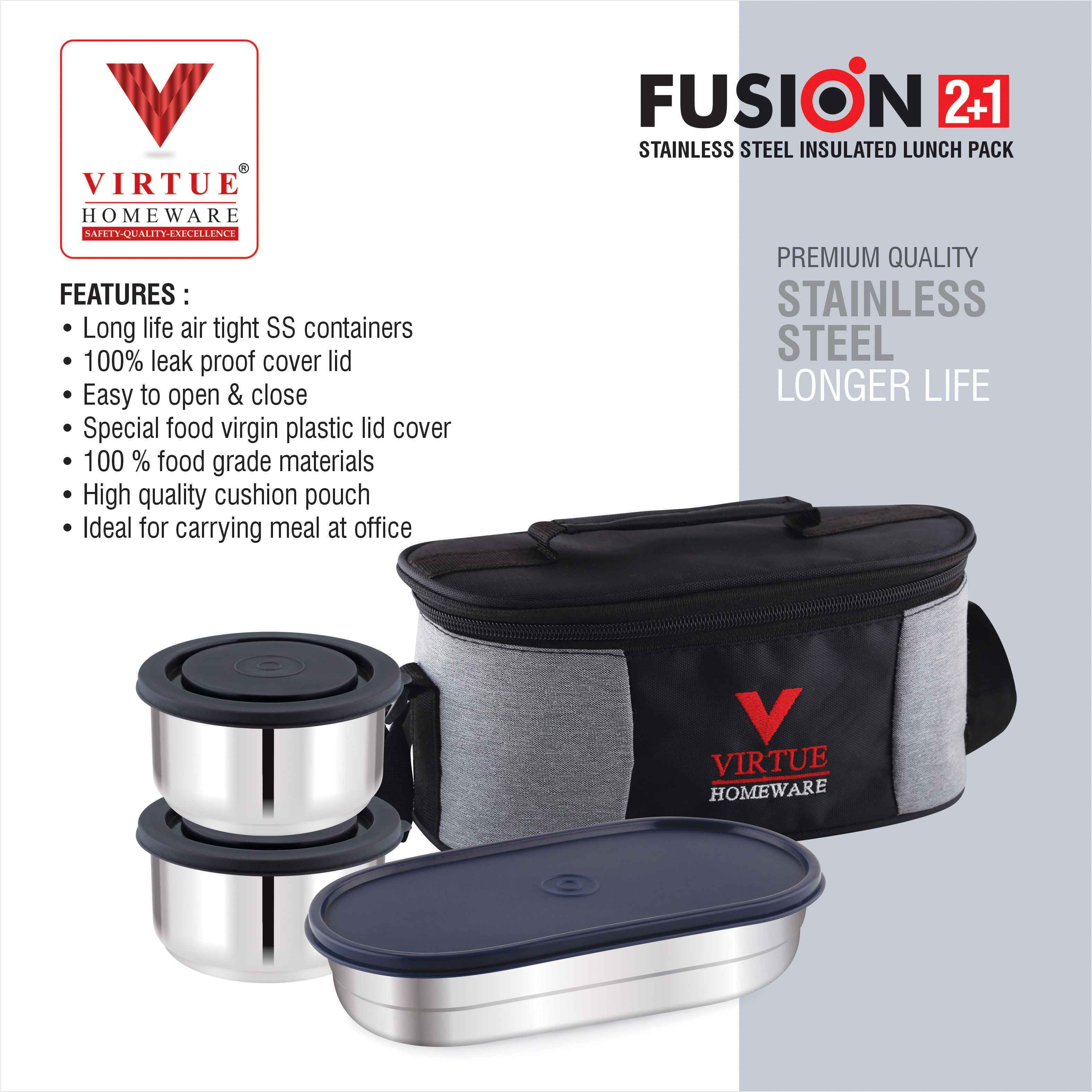 Fusion 2+1 Virtue Homeware Stainless Steel Lunch Box Pack - Inside Layers: 2 Layers