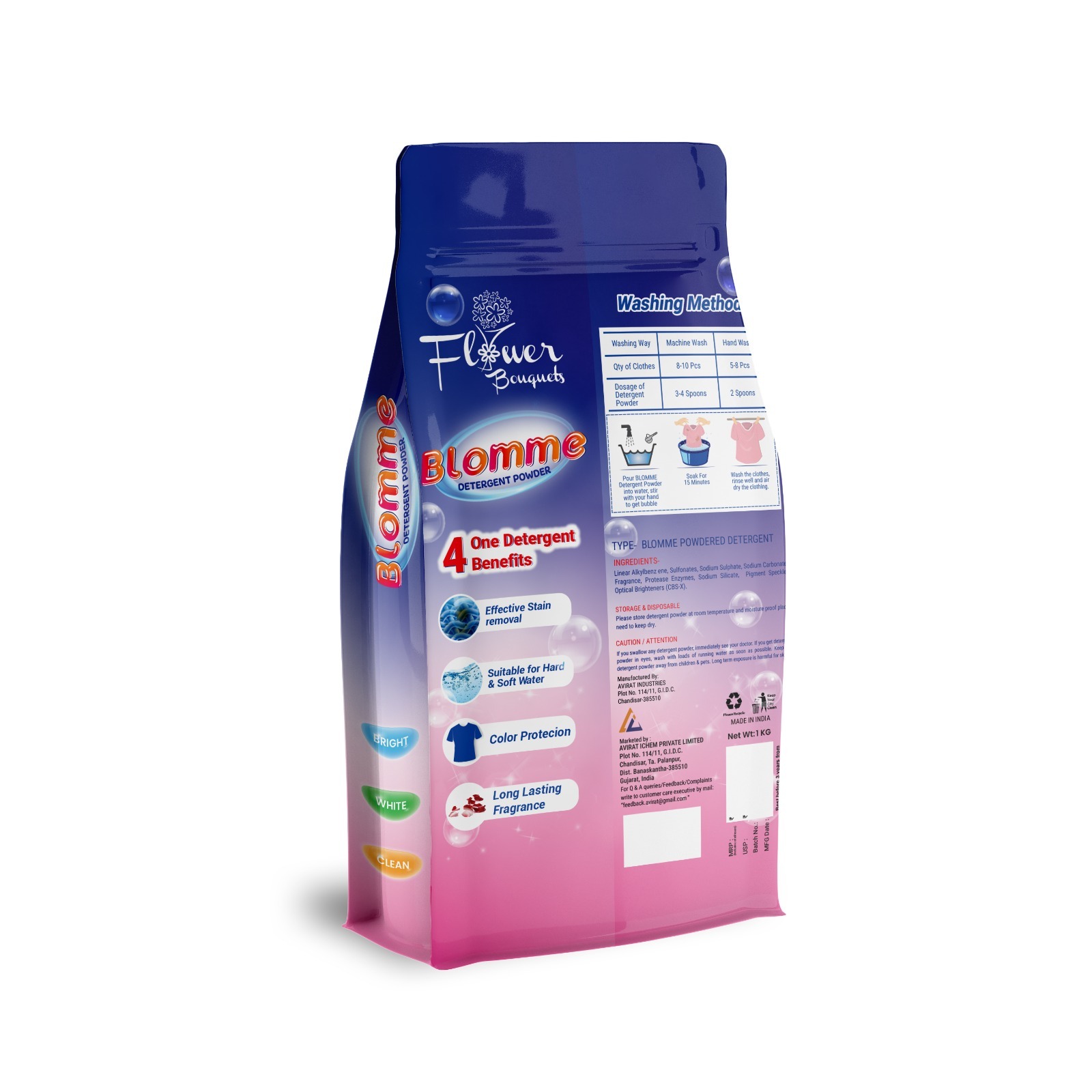 Blomme Detergent Powder - Enzyme-enhanced Formula, Available In 1 Kg, 2.5 Kg & 5 Kg Sizes , Snow White Color With Mixed Flower Fragrance, Max 2% Insoluble