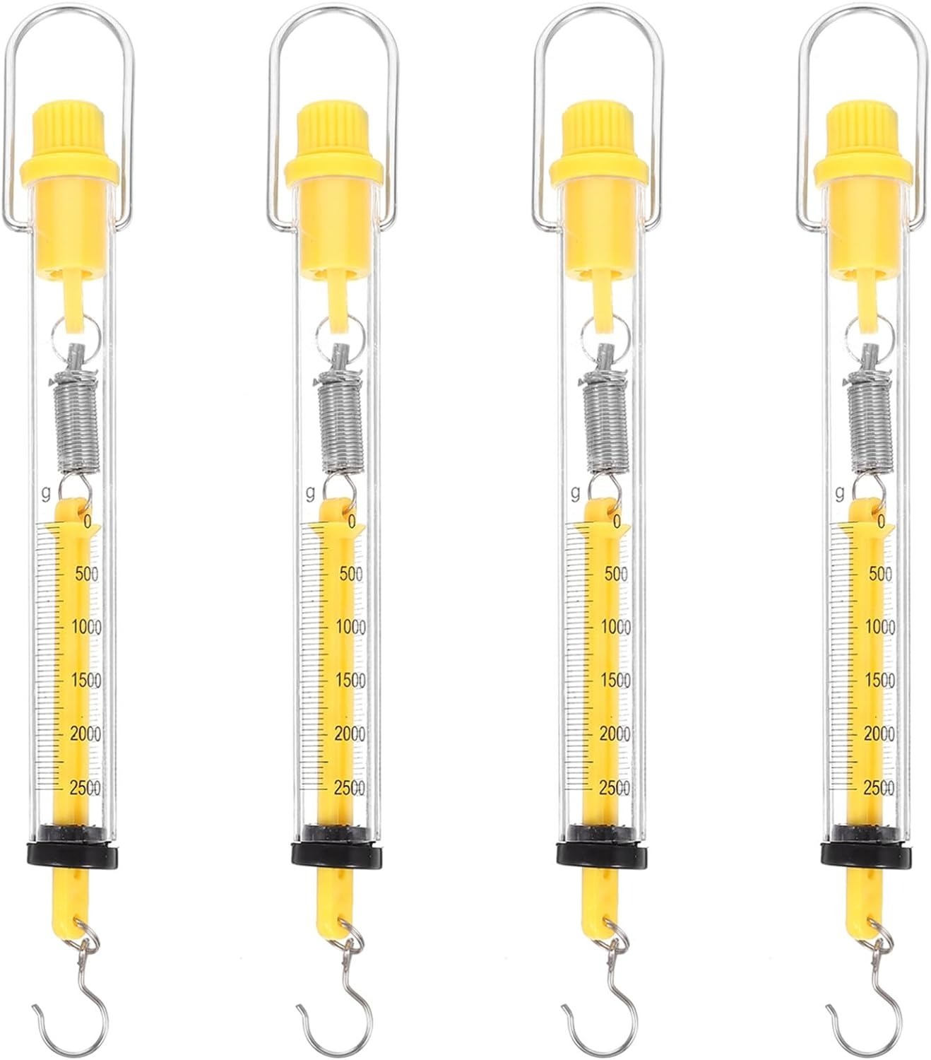 Spring Balance Tubular - Plastic, Portable, Yellow, 2.5kg Capacity | Clear Body, Calibrated In Grams & Newtons, Includes Hanging Ring And S-hook