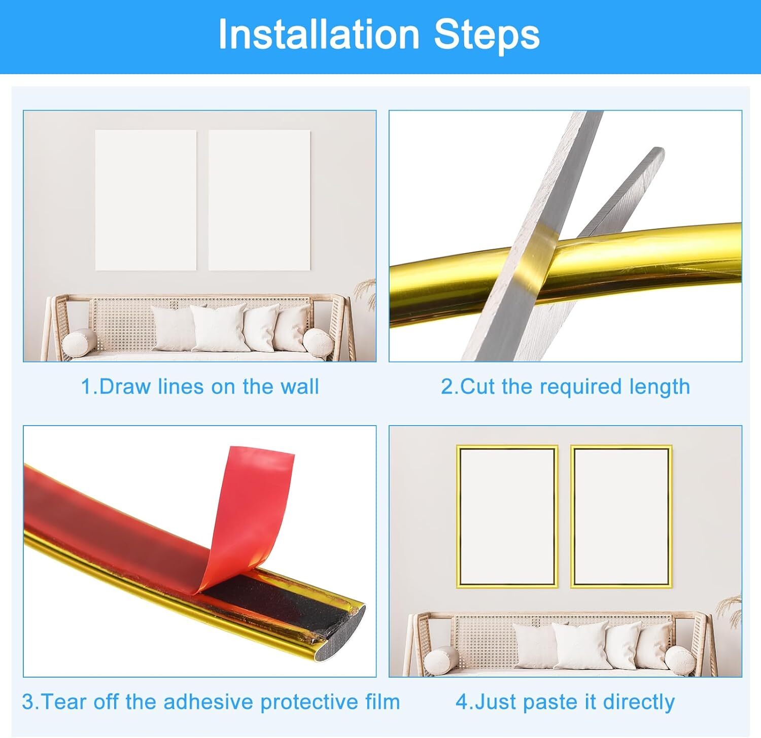 Golden Peel And Stick Edge Trim - 20ft Long 0.35" Wide | High Quality Pvc Flexible Design Premium Gold Finish