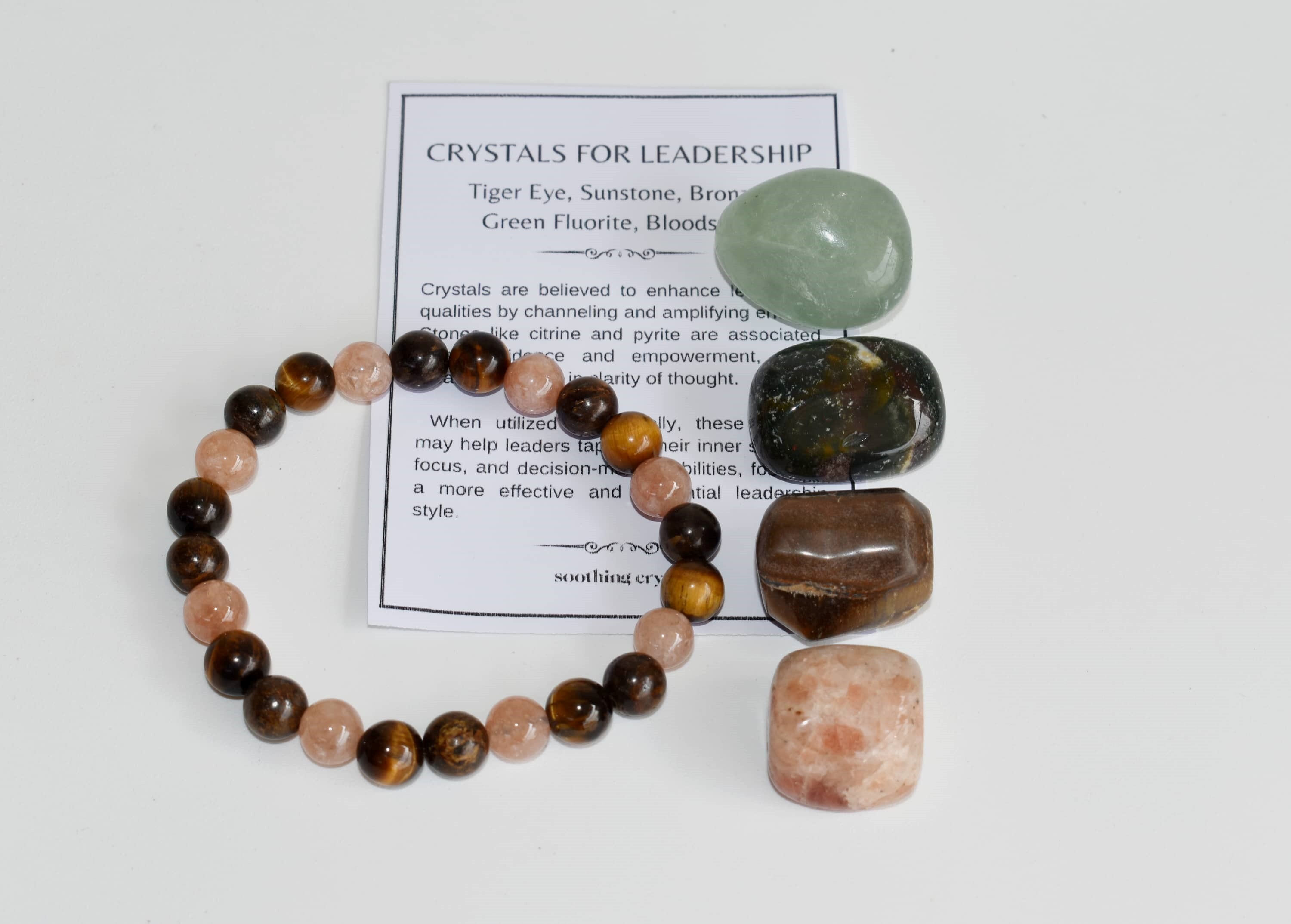 Inspire Leadership Crystal Kit - Gemstones: Green Fluorite, Sunstone, Tiger's Eye, Bloodstone | Tumbled Stones & 8mm Beads Bracelet, Healing & Meditation Gift Set