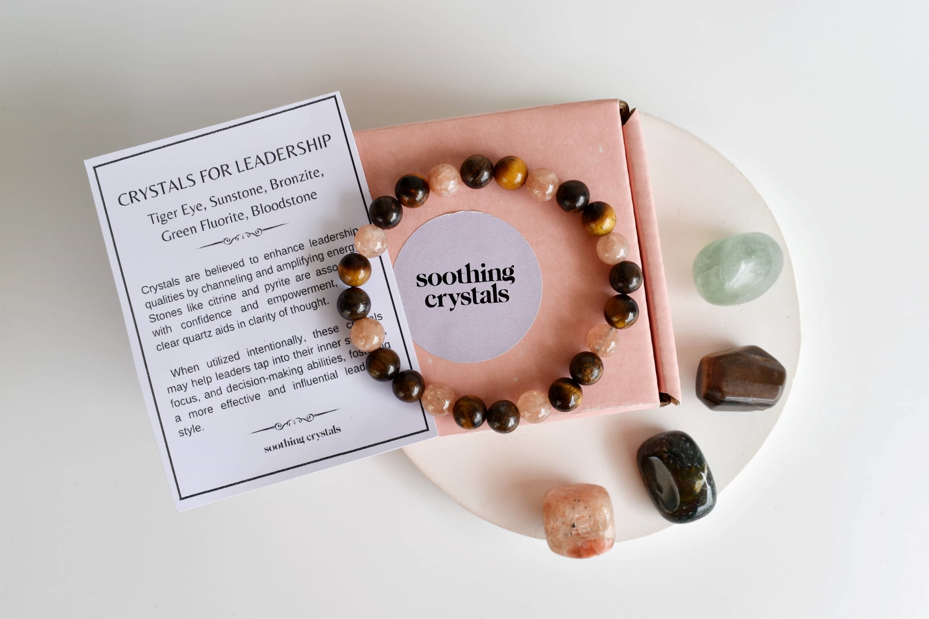 Inspire Leadership Crystal Kit - Gemstones: Green Fluorite, Sunstone, Tiger's Eye, Bloodstone | Tumbled Stones & 8mm Beads Bracelet, Healing & Meditation Gift Set
