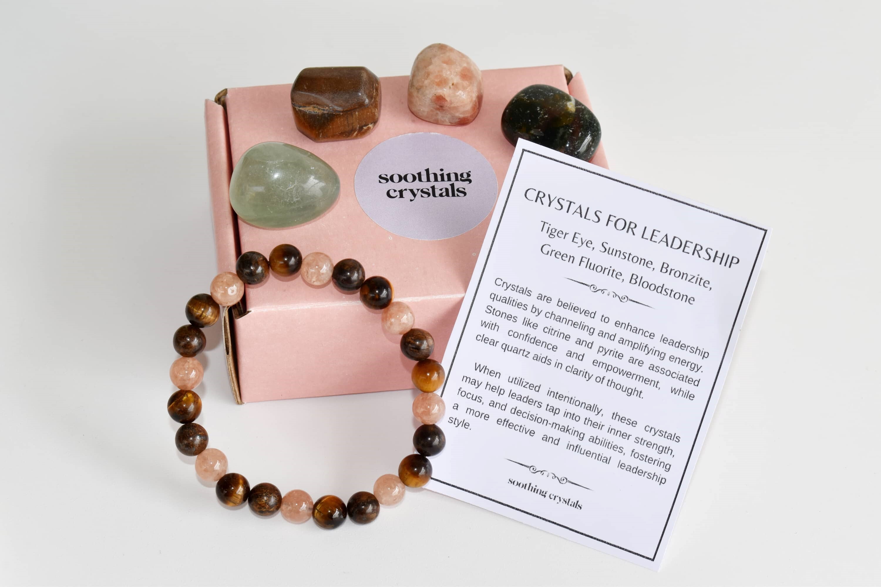 Inspire Leadership Crystal Kit - Gemstones: Green Fluorite, Sunstone, Tiger's Eye, Bloodstone | Tumbled Stones & 8mm Beads Bracelet, Healing & Meditation Gift Set