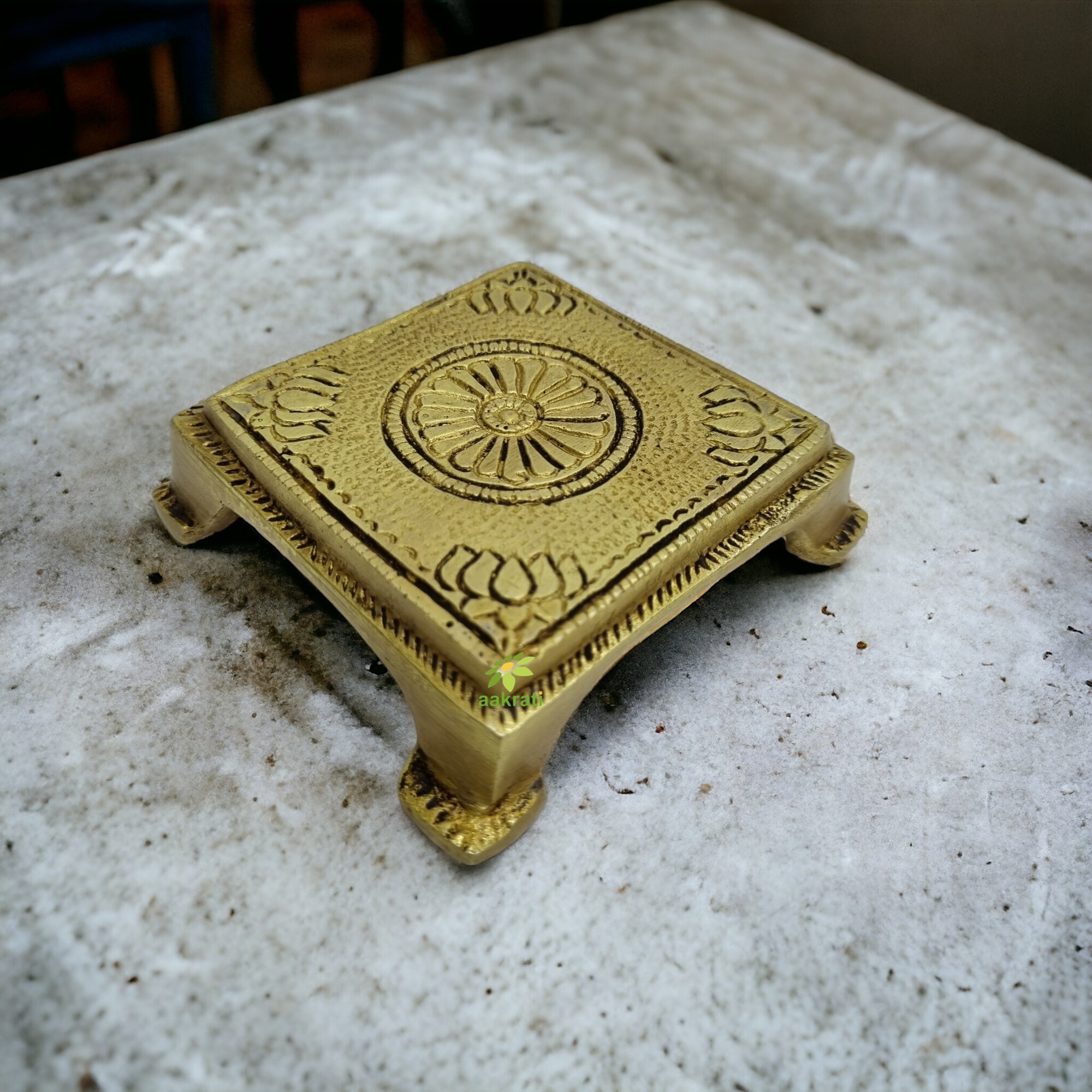 Lotus Engraved 3.5 Inches Brass Pooja Chowki, Chowki For God Idols, Temple Decor, Antique Yellow