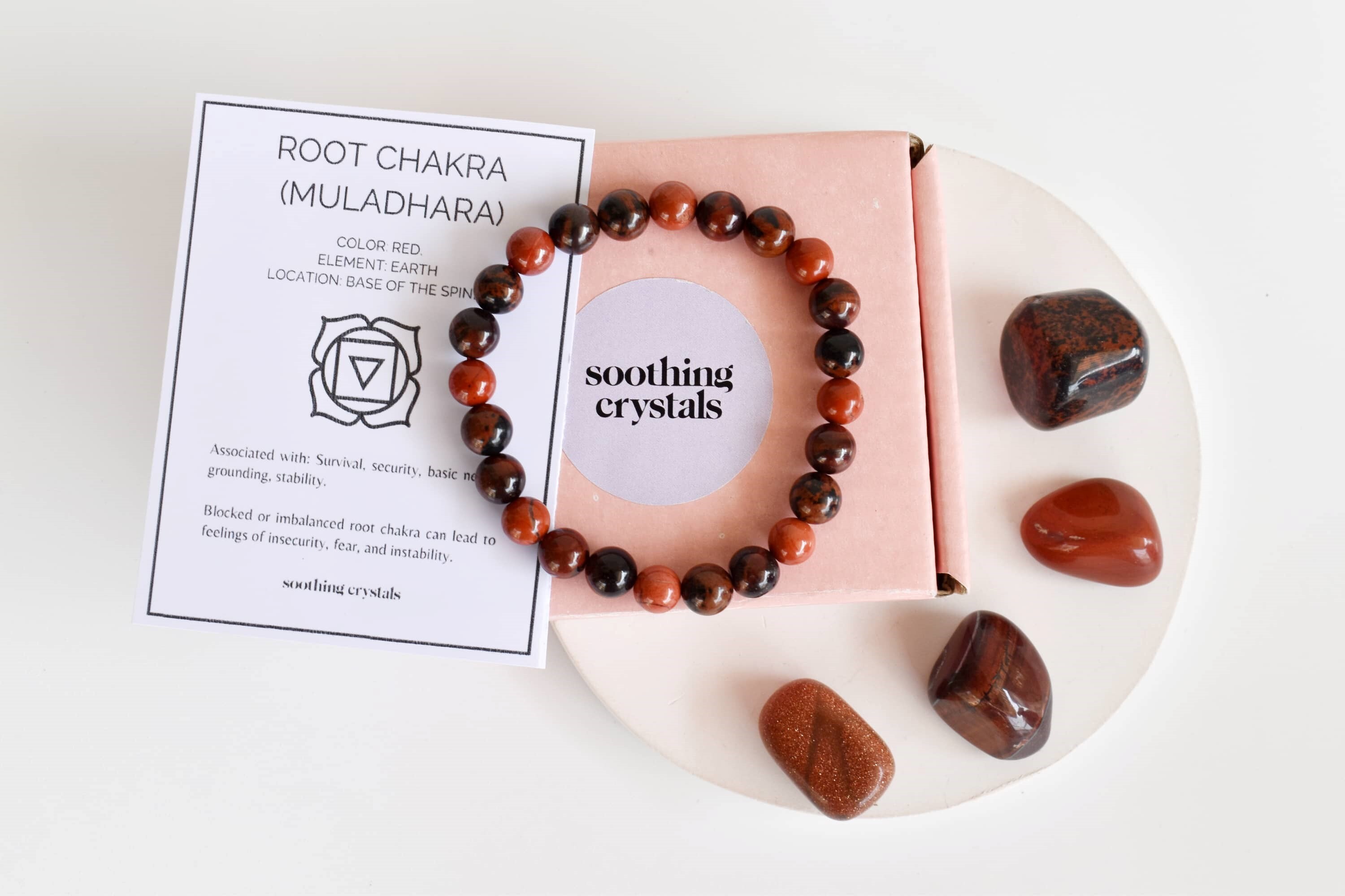 Root Chakra Crystal Kit - 8mm Round Beads Bracelet, 20-25mm Tumbled Stones | Red Jasper, Red Tiger Eye, Mahogany Obsidian, Red Sandstone