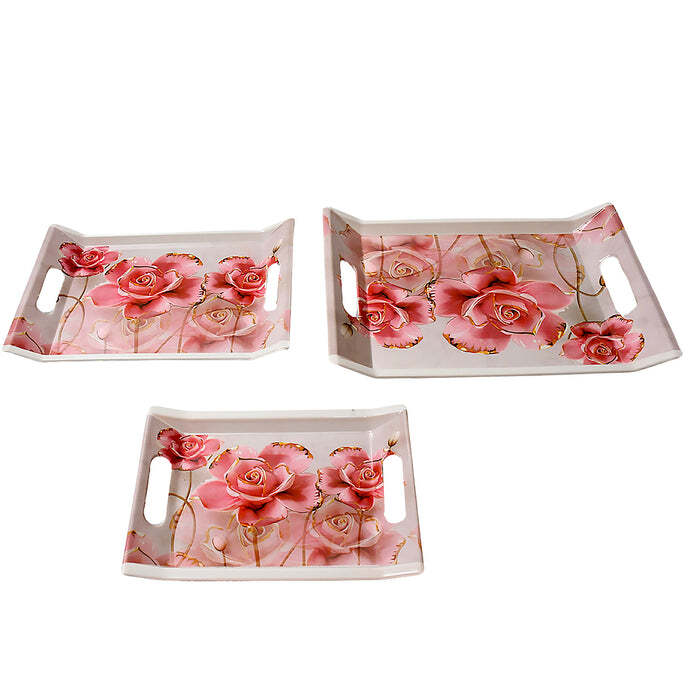 Plastic Serving Tray Set - Rectangular Flower Printed Design, 3 Pcs Set | Bpa-free, Lightweight, Dishwasher Safe, Elegant Home & Kitchen Accessory