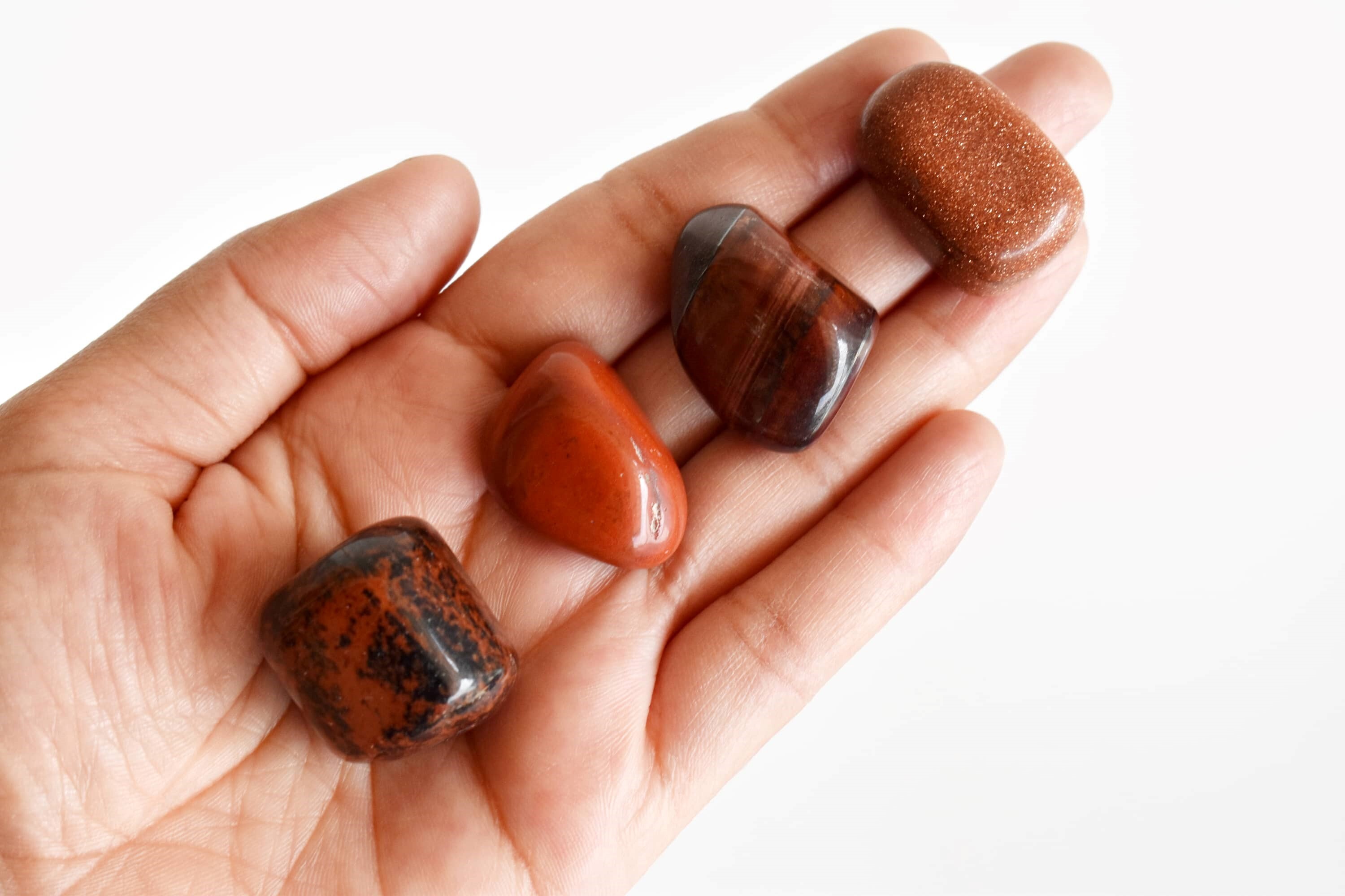 Root Chakra Crystal Kit - 8mm Round Beads Bracelet, 20-25mm Tumbled Stones | Red Jasper, Red Tiger Eye, Mahogany Obsidian, Red Sandstone