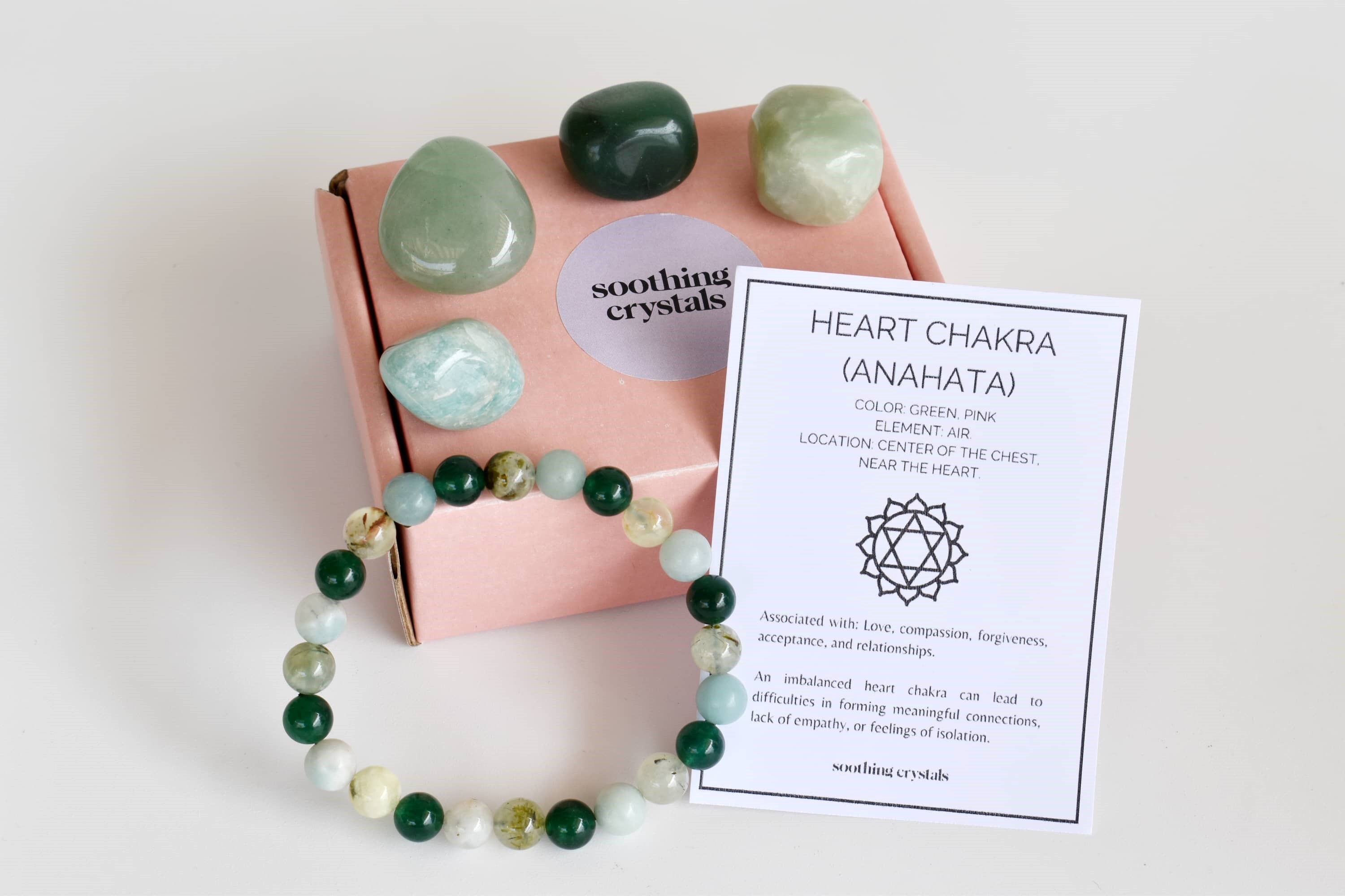 Heart Chakra Crystal Kit - 8mm Round Beads Bracelet, 4pcs Tumbled Stones, 20-25mm Natural Gemstones: Green Jade, Green Aventurine, Phrenite, Amazonite