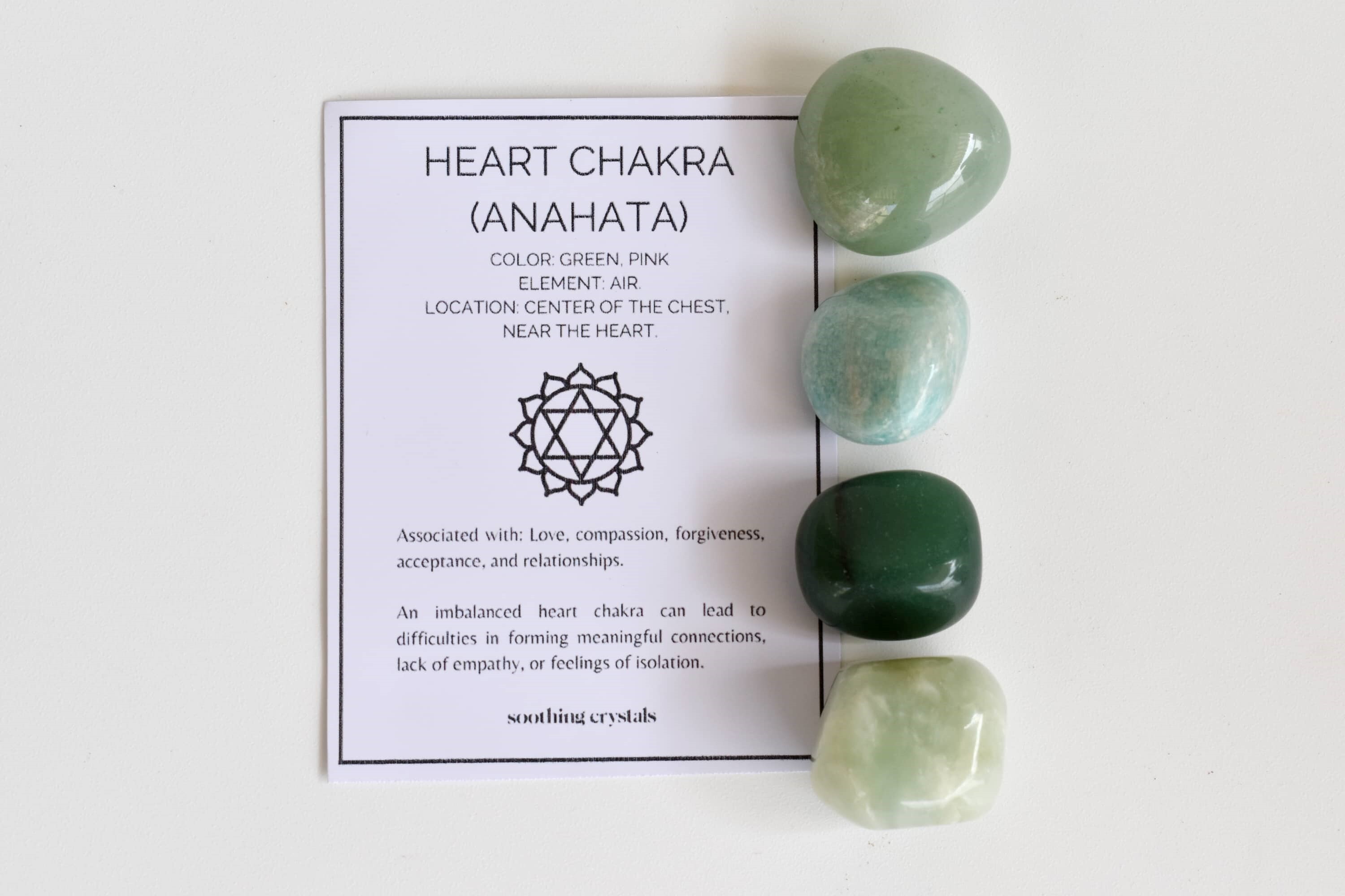 Heart Chakra Crystal Kit - 8mm Round Beads Bracelet, 4pcs Tumbled Stones, 20-25mm Natural Gemstones: Green Jade, Green Aventurine, Phrenite, Amazonite