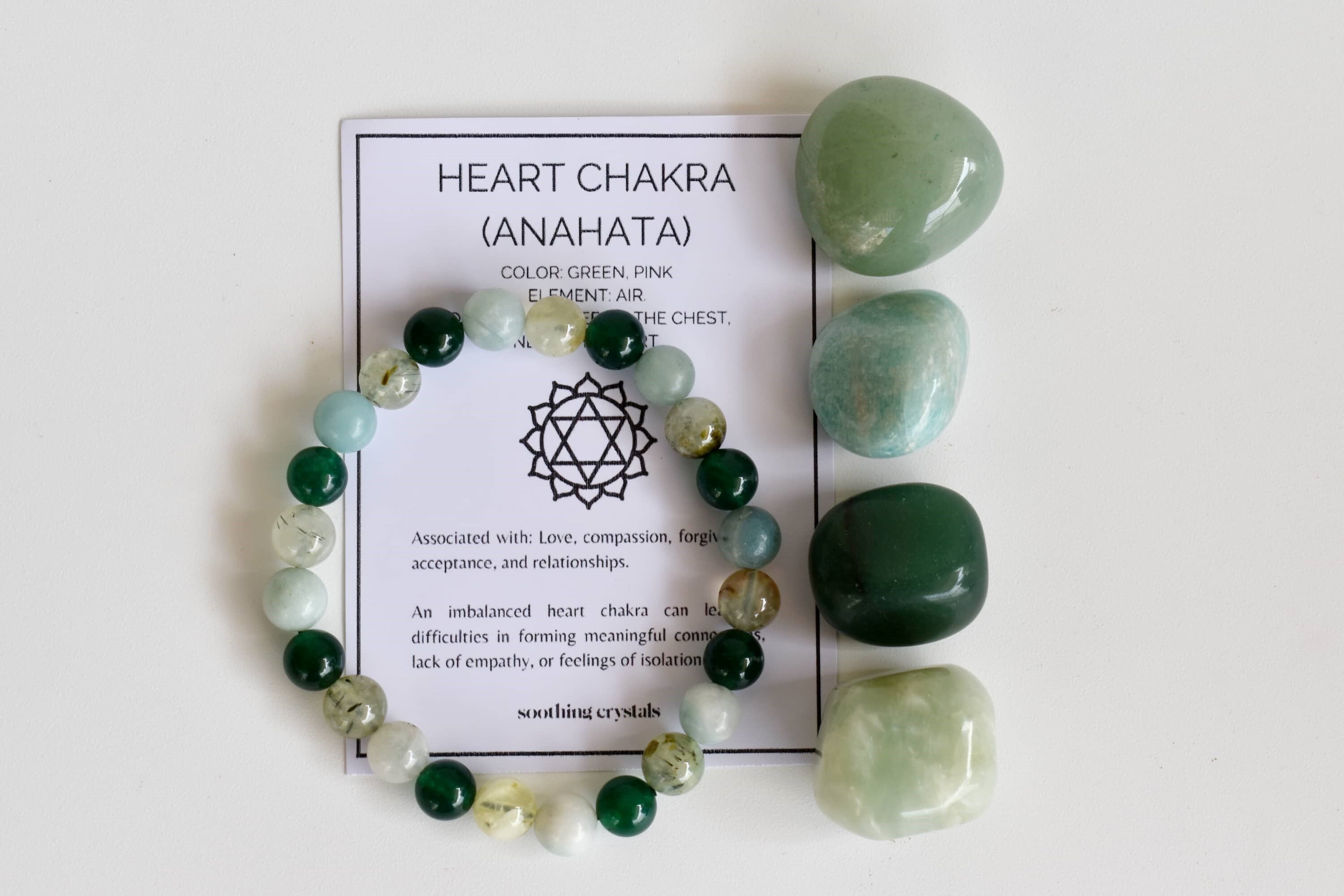 Heart Chakra Crystal Kit - 8mm Round Beads Bracelet, 4pcs Tumbled Stones, 20-25mm Natural Gemstones: Green Jade, Green Aventurine, Phrenite, Amazonite