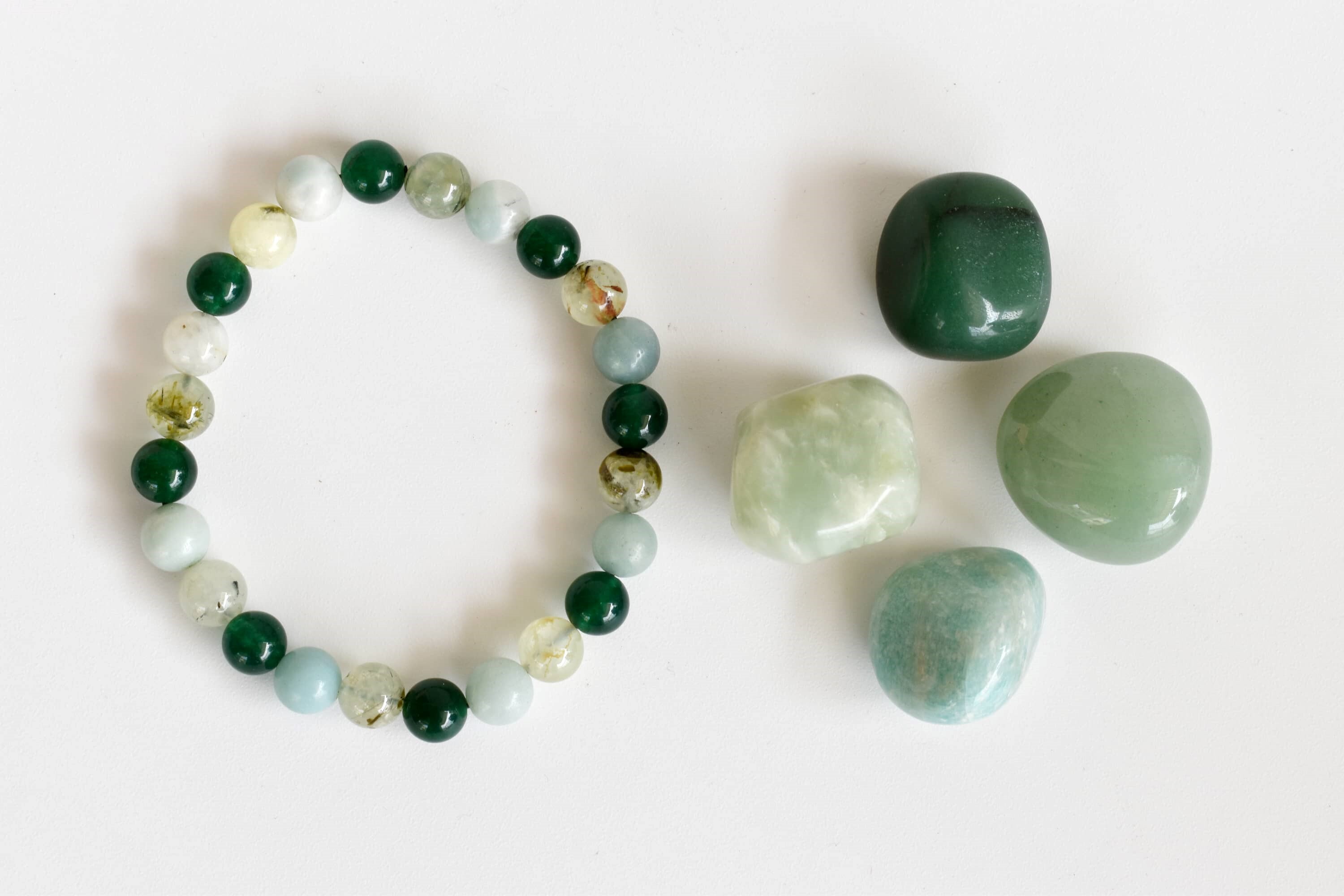 Heart Chakra Crystal Kit - 8mm Round Beads Bracelet, 4pcs Tumbled Stones, 20-25mm Natural Gemstones: Green Jade, Green Aventurine, Phrenite, Amazonite