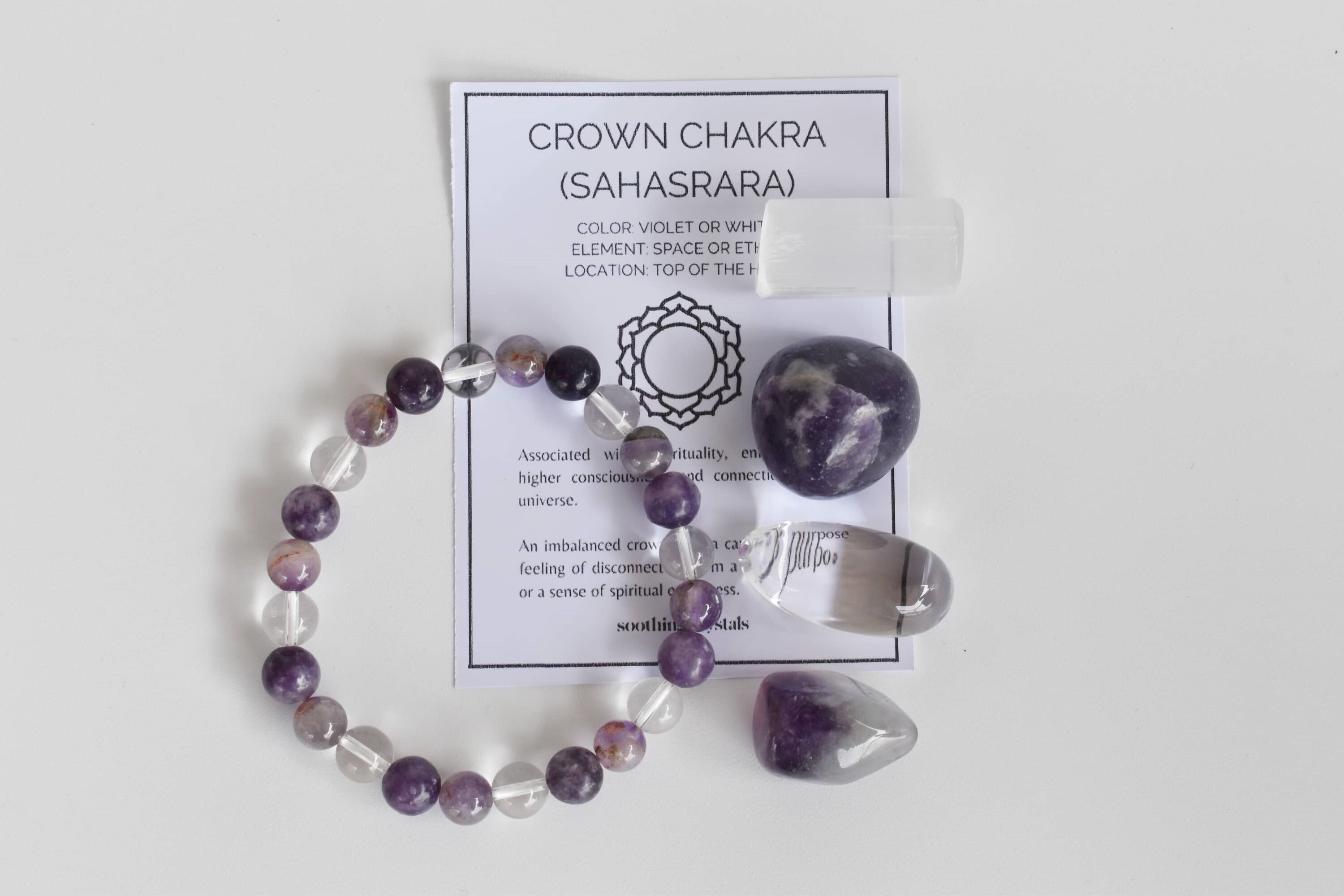Crown Chakra Crystal Kit - Set 1: 4pcs Tumbled Stones (20-25mm) Set 2: Beads Bracelet (8mm) | Multi-color Natural Gemstones: Amethyst Quartz Lepidolite Selenite