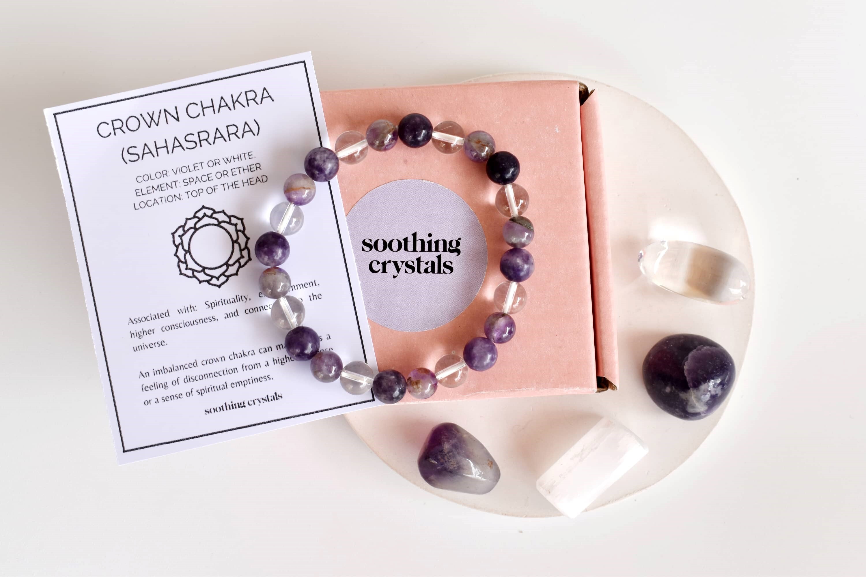 Crown Chakra Crystal Kit - Set 1: 4pcs Tumbled Stones (20-25mm) Set 2: Beads Bracelet (8mm) | Multi-color Natural Gemstones: Amethyst Quartz Lepidolite Selenite