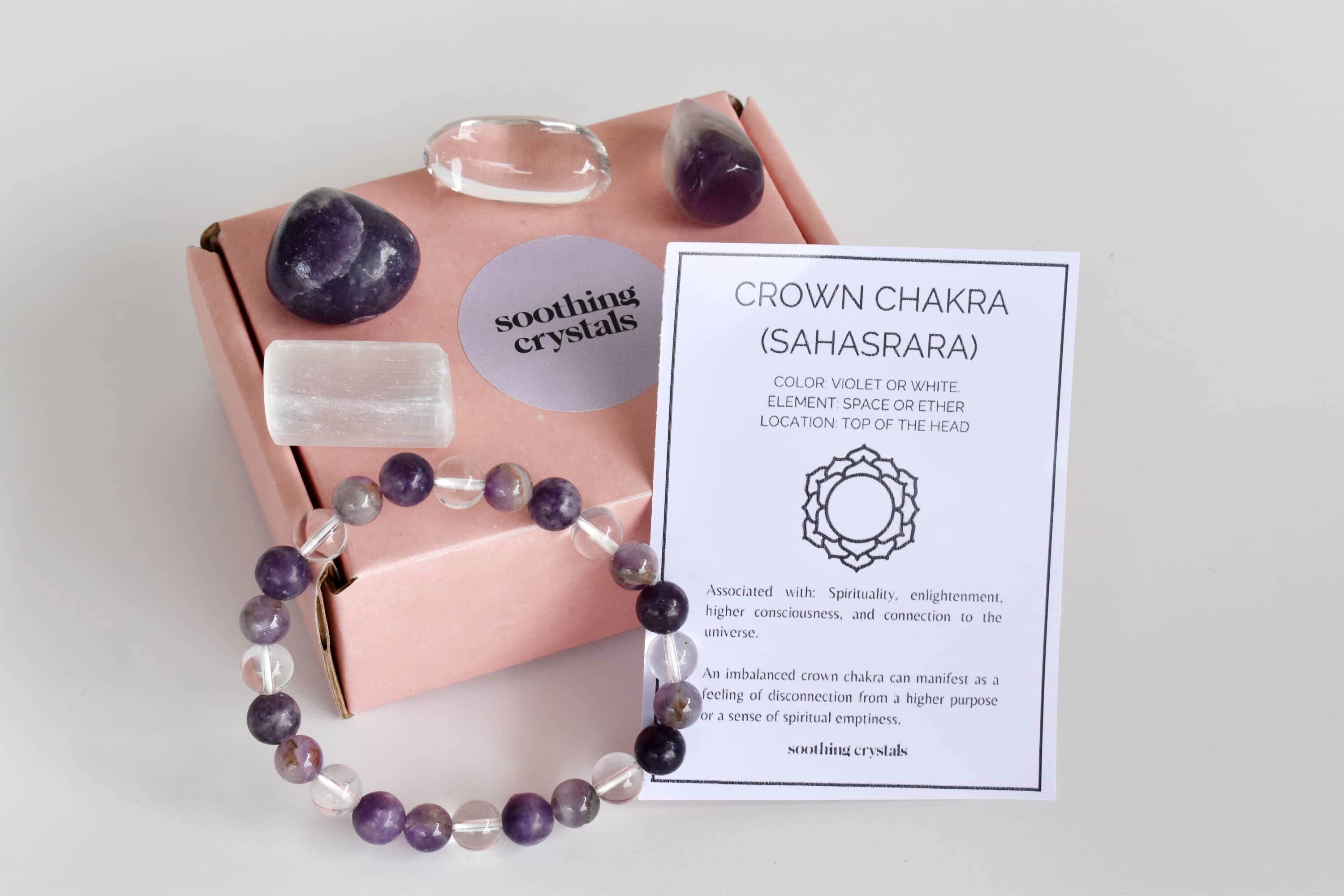 Crown Chakra Crystal Kit - Set 1: 4pcs Tumbled Stones (20-25mm) Set 2: Beads Bracelet (8mm) | Multi-color Natural Gemstones: Amethyst Quartz Lepidolite Selenite