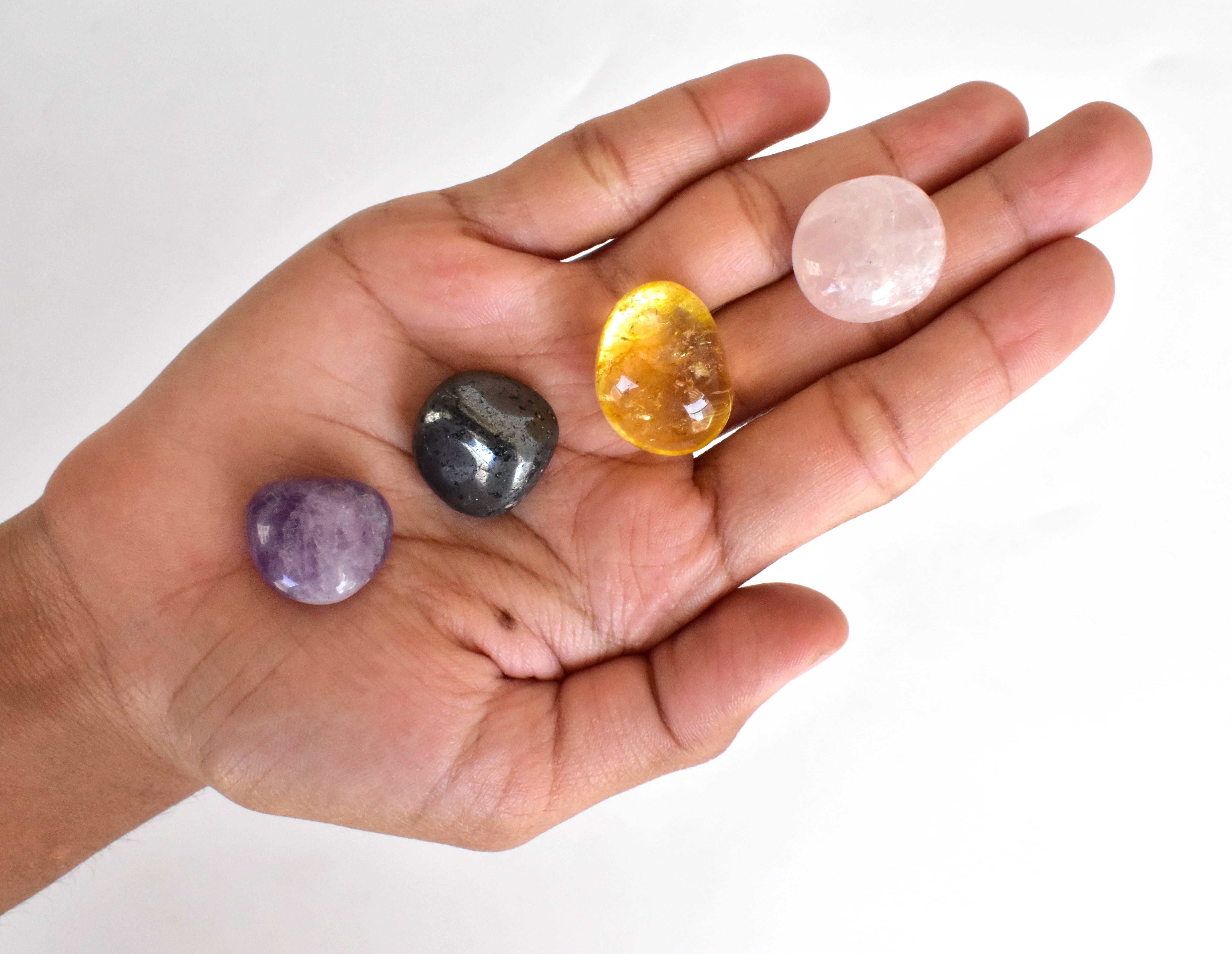 Emotional Healing Intention Crystals Kit - 4pcs Tumbled Stones 20-25mm 8mm Round Beads Bracelet 7-7.5 Inches | Multi-color Natural Gemstones: Rose Citrine Hematite Amethyst