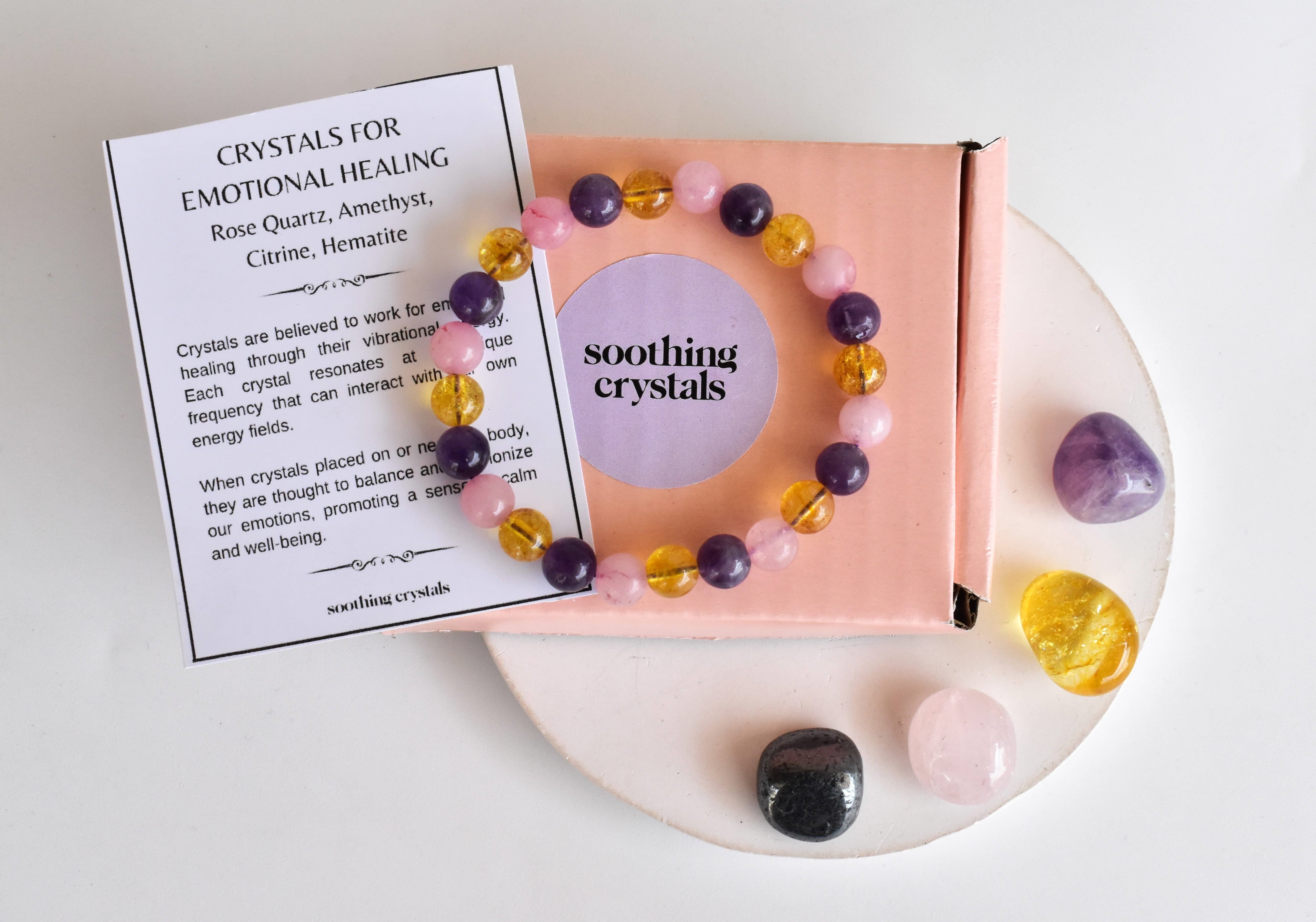 Emotional Healing Intention Crystals Kit - 4pcs Tumbled Stones 20-25mm 8mm Round Beads Bracelet 7-7.5 Inches | Multi-color Natural Gemstones: Rose Citrine Hematite Amethyst