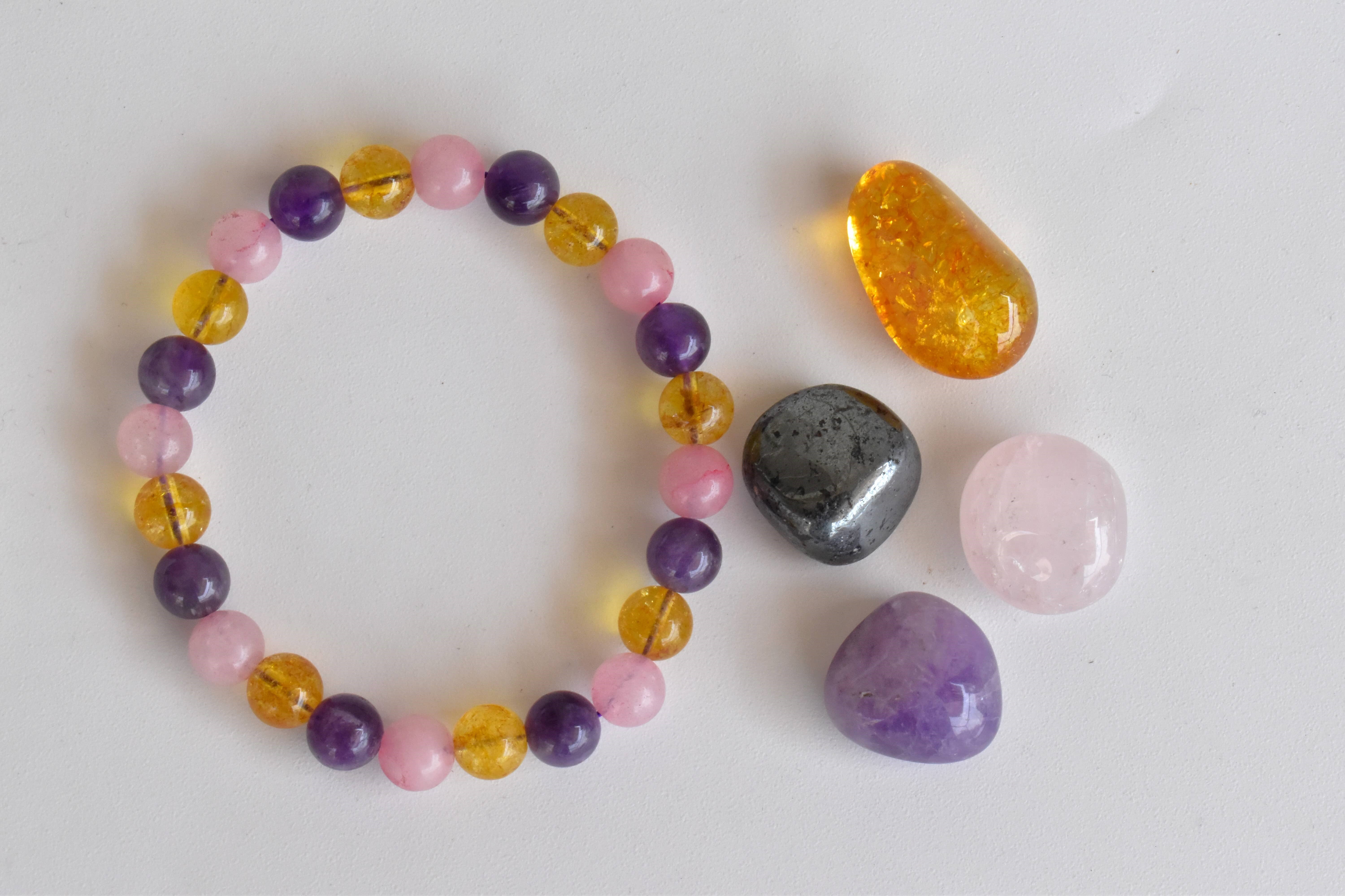 Emotional Healing Intention Crystals Kit - 4pcs Tumbled Stones 20-25mm 8mm Round Beads Bracelet 7-7.5 Inches | Multi-color Natural Gemstones: Rose Citrine Hematite Amethyst