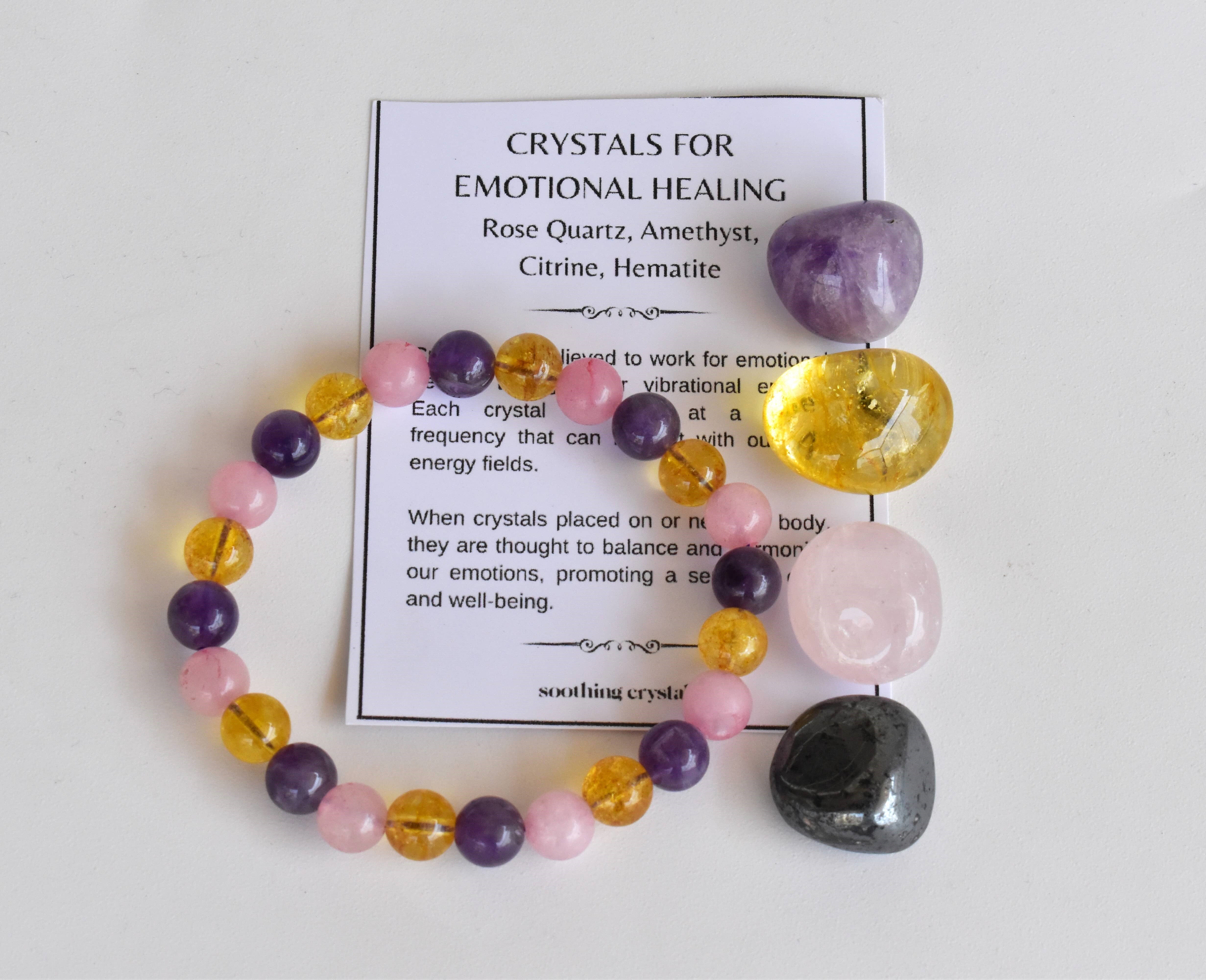 Emotional Healing Intention Crystals Kit - 4pcs Tumbled Stones 20-25mm 8mm Round Beads Bracelet 7-7.5 Inches | Multi-color Natural Gemstones: Rose Citrine Hematite Amethyst