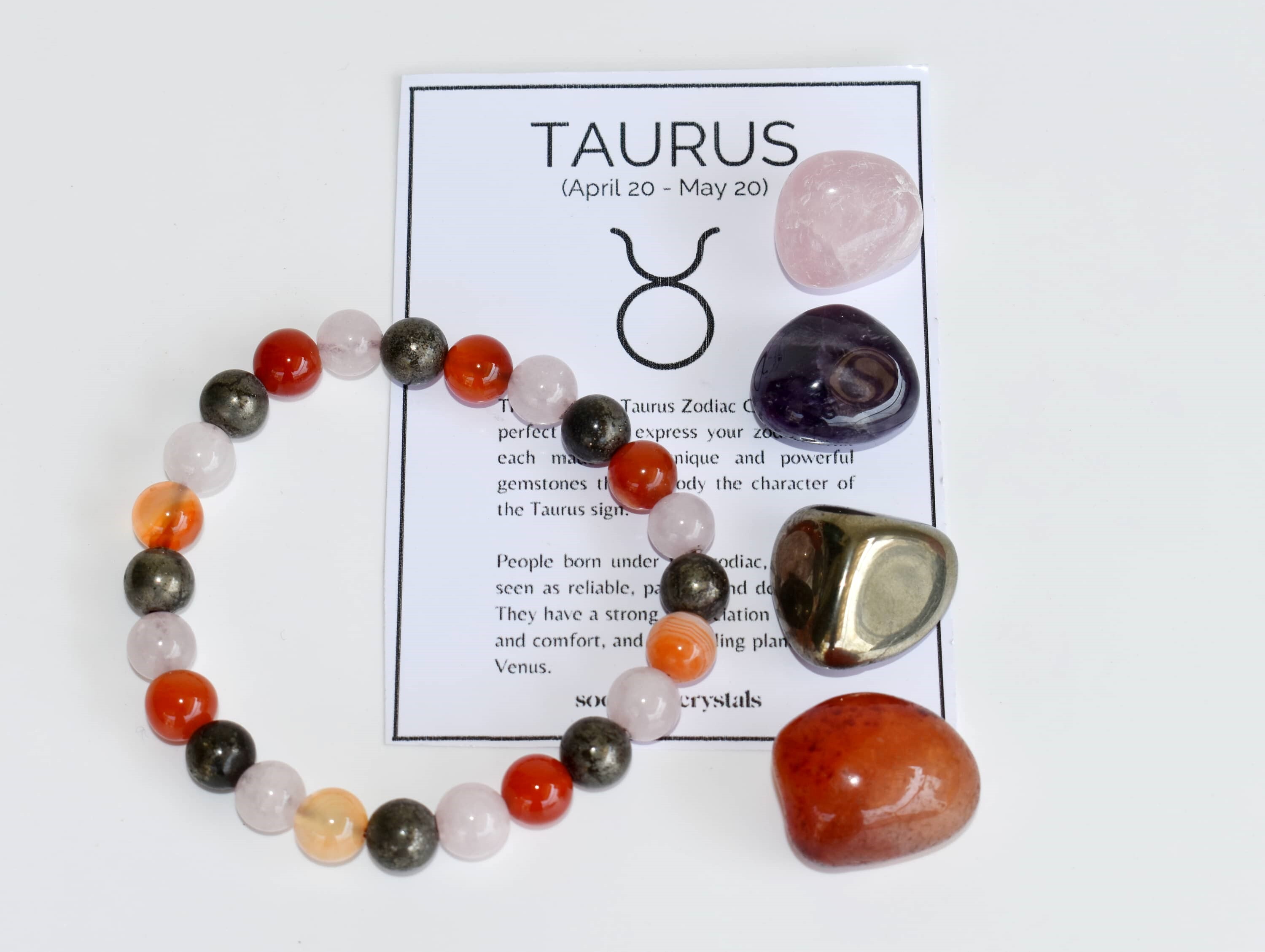Taurus Zodiac Crystals Kit - Rose Quartz, Carnelian, Pyrite & Amethyst Tumbled Stones, 20-25mm, 8mm Beads Bracelet | 150g Natural Gemstones, Multi Colour