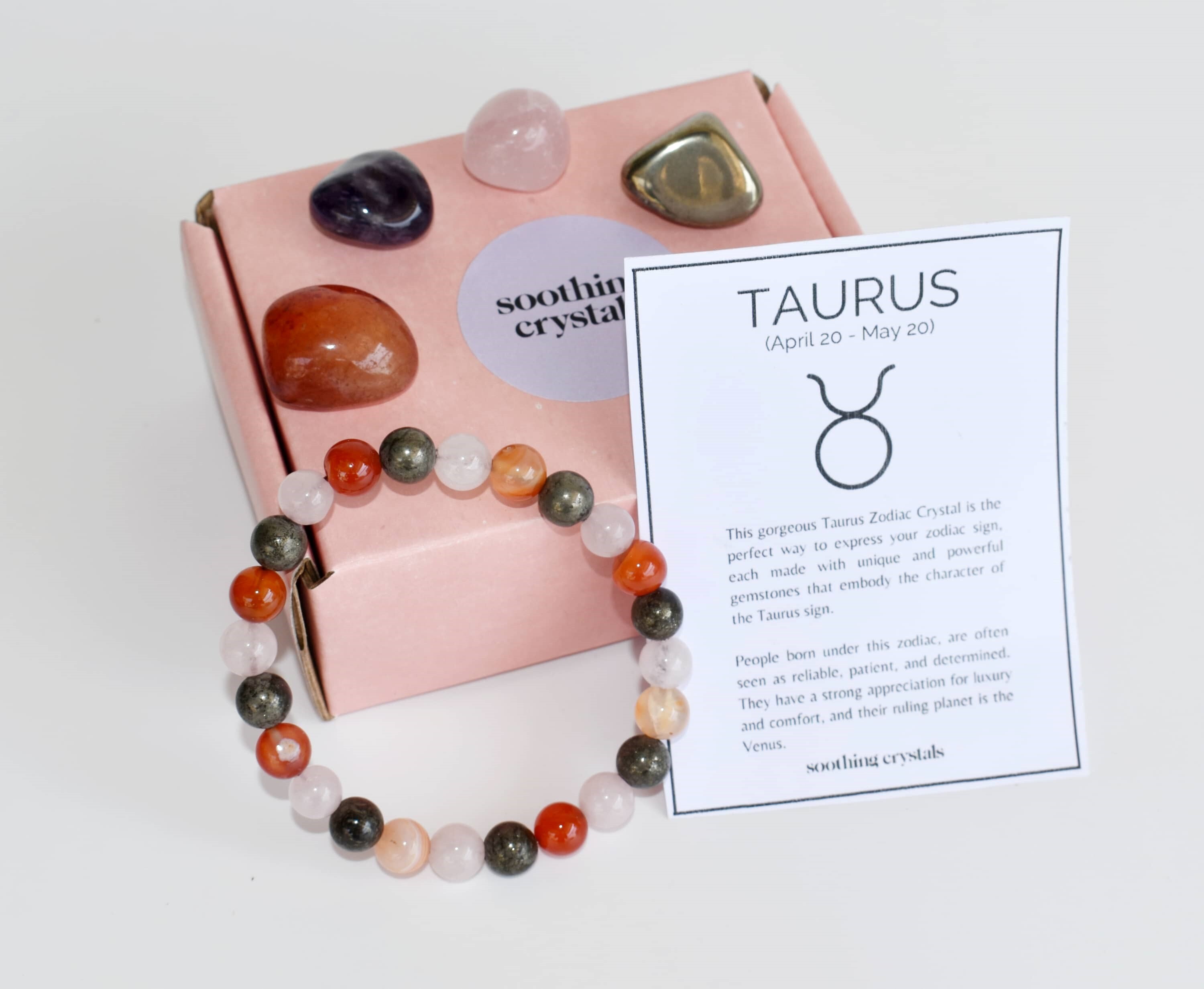 Taurus Zodiac Crystals Kit - Rose Quartz, Carnelian, Pyrite & Amethyst Tumbled Stones, 20-25mm, 8mm Beads Bracelet | 150g Natural Gemstones, Multi Colour