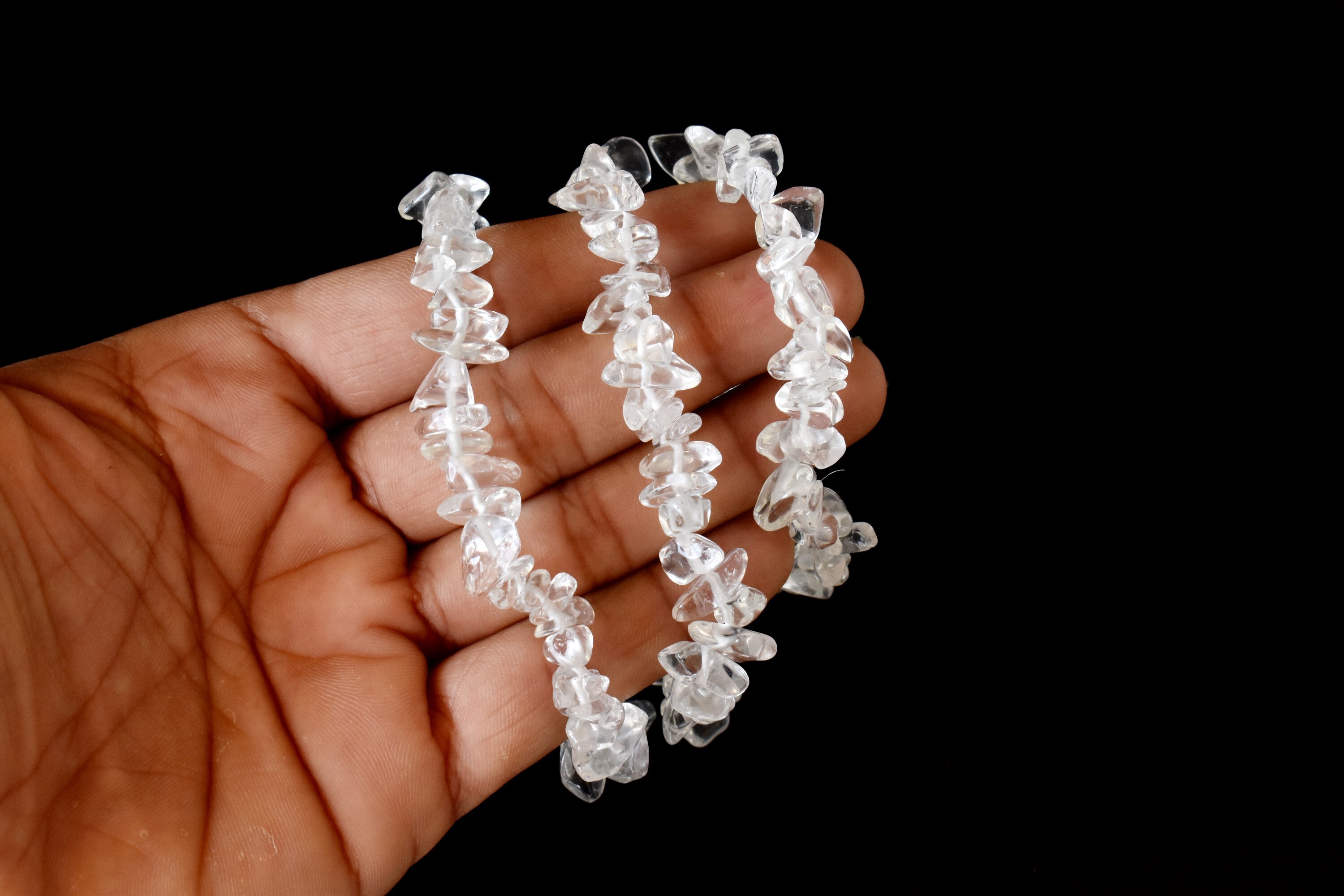 Crystal Quartz Chip Bracelet - 7-7.5 Inches, Unique Stone Variations In White | Plain Design, 8mm Stone Size, 150 Grams Weight