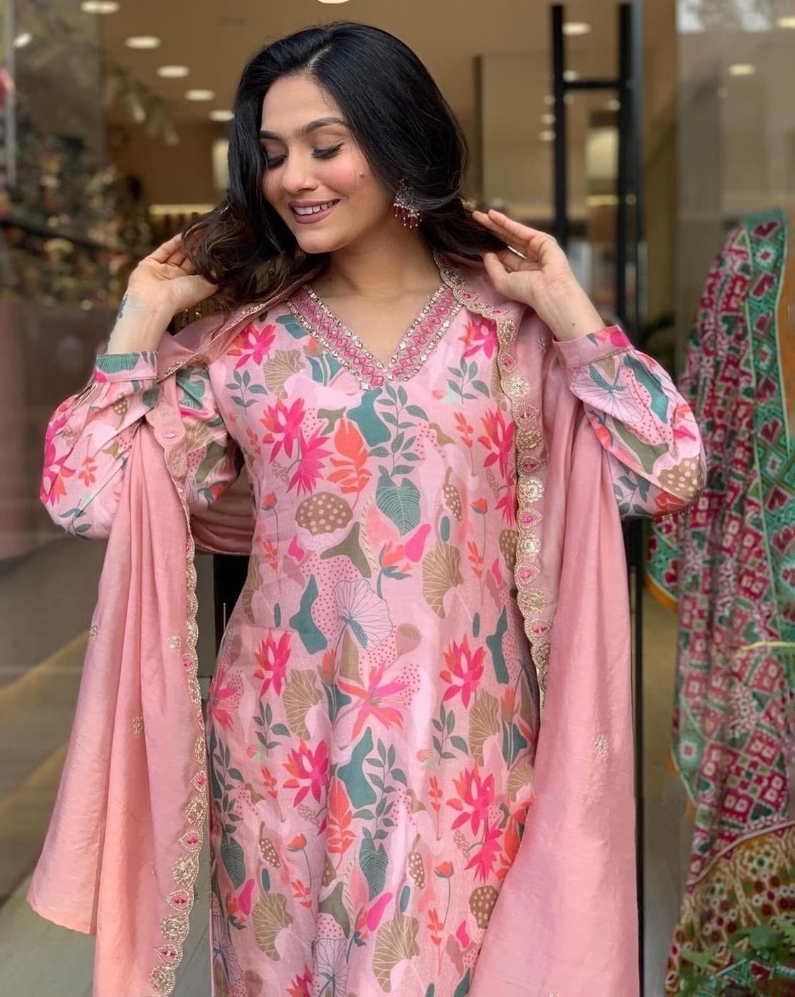 Dhvani Kurti Pair - Muslin Cotton Dress With Heavy Georgette Dupatta Pink | Traditional Indian Ethnic Wear With Full Sleeves Printed Pattern Washable
