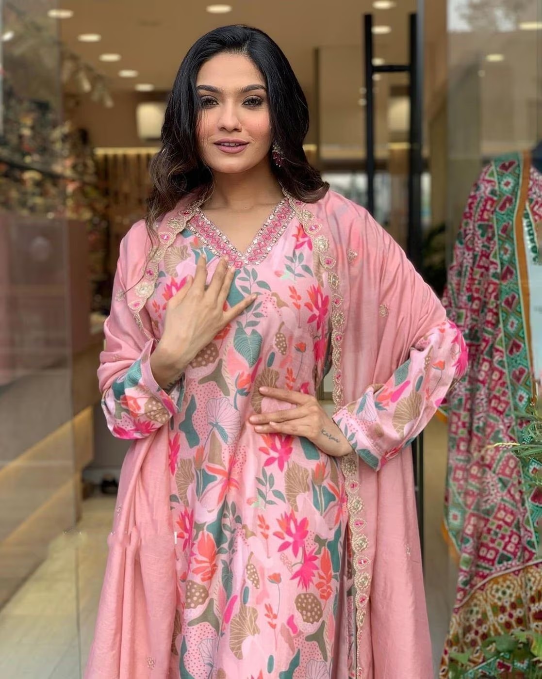 Dhvani Kurti Pair - Muslin Cotton Dress With Heavy Georgette Dupatta Pink | Traditional Indian Ethnic Wear With Full Sleeves Printed Pattern Washable