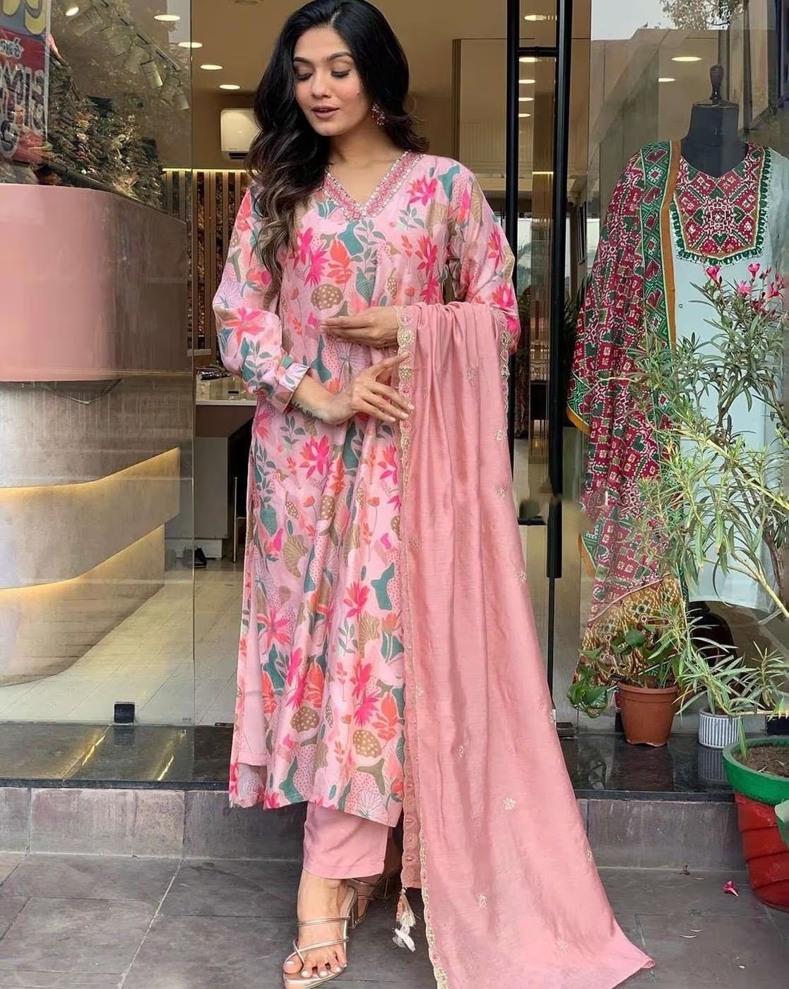 Dhvani Kurti Pair - Muslin Cotton Dress With Heavy Georgette Dupatta Pink | Traditional Indian Ethnic Wear With Full Sleeves Printed Pattern Washable