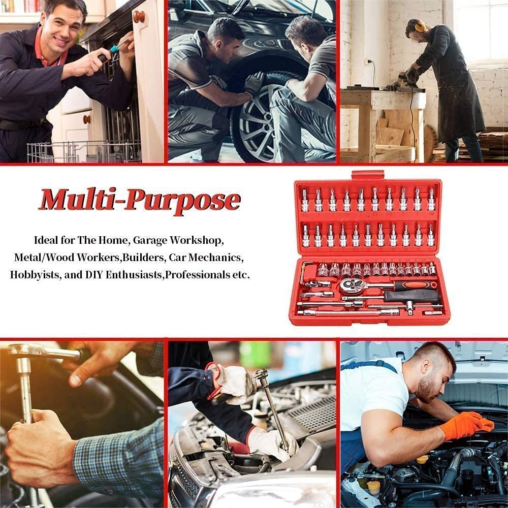 46 In 1 Tool Kit - 46-piece Hand Tool Set, 1/4-inch Drive Ratchet, Sockets, Extensions, Bit Sockets And Hex Keys For Vehicle Maintenance And Repair