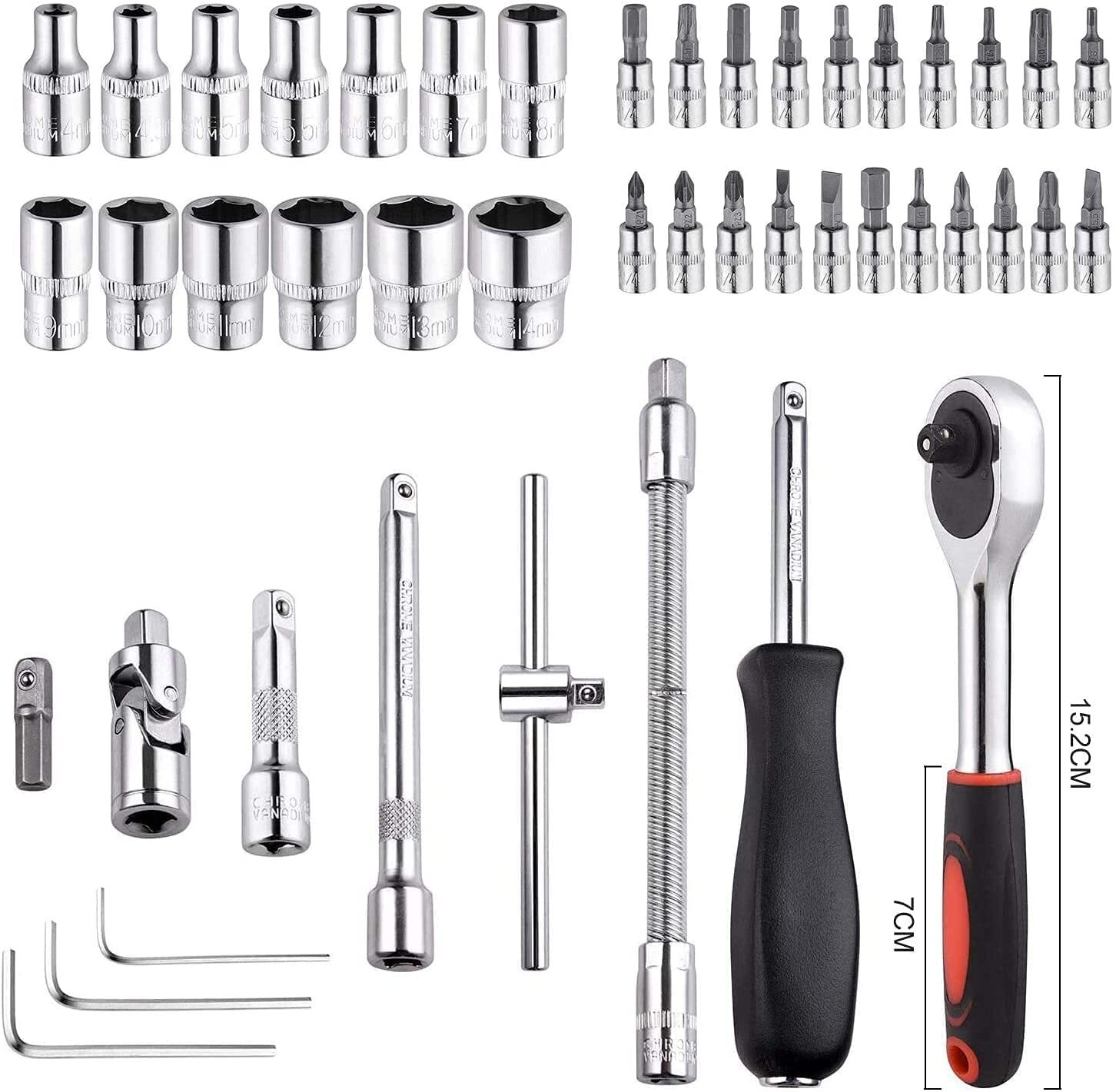 46 In 1 Tool Kit - 46-piece Hand Tool Set, 1/4-inch Drive Ratchet, Sockets, Extensions, Bit Sockets And Hex Keys For Vehicle Maintenance And Repair