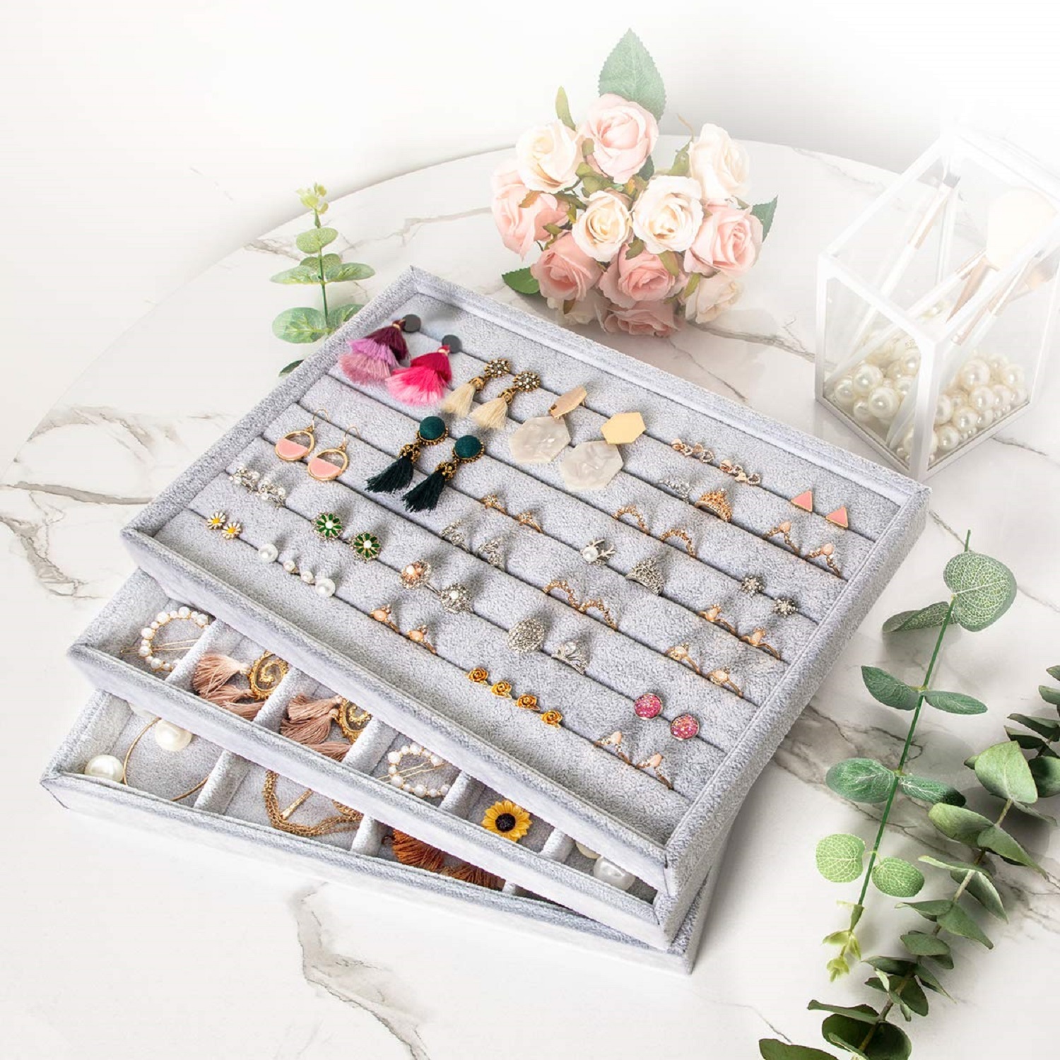 Velvet Jewelry Trays Organizer Set Of Durable Composite Board