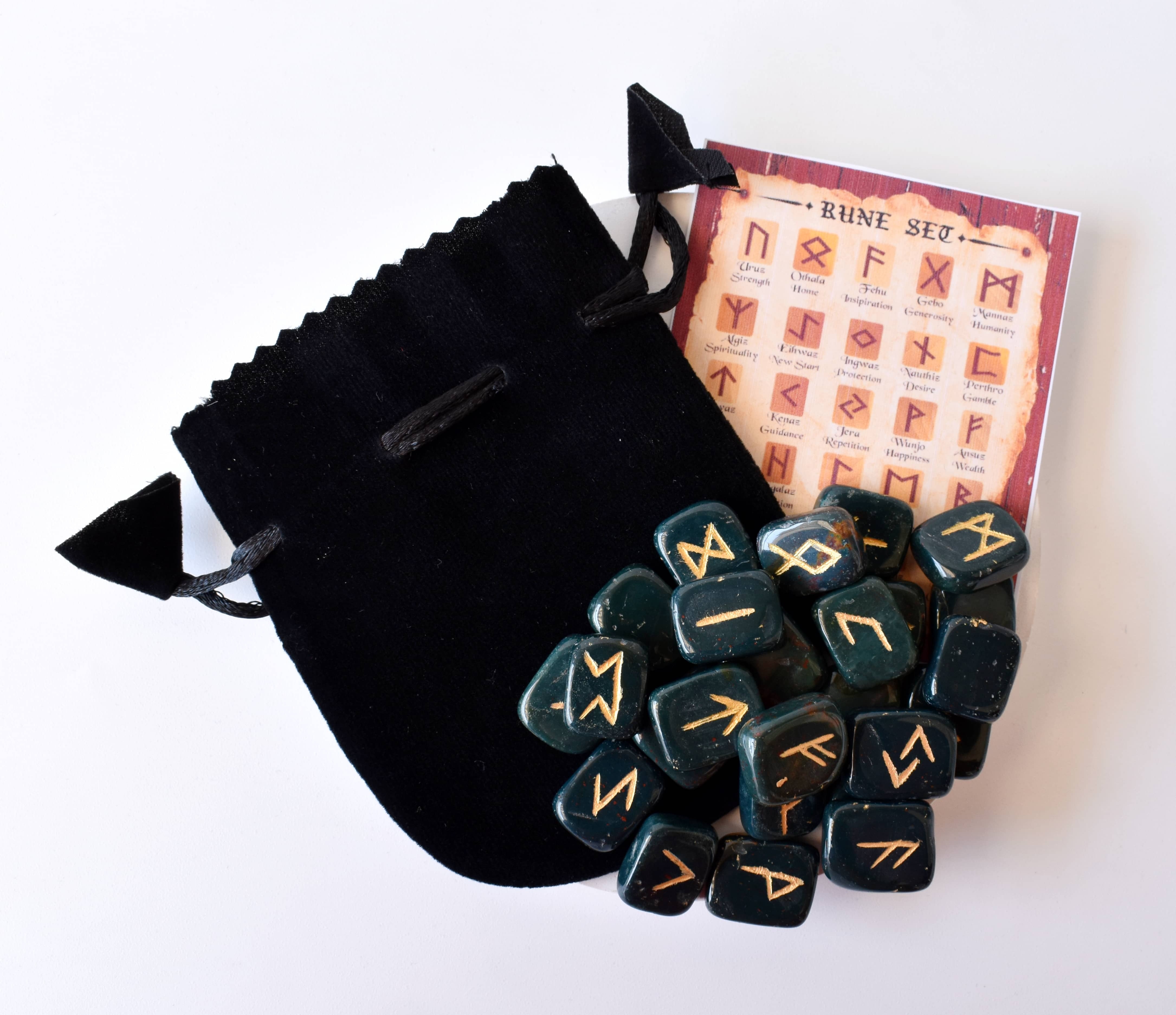 Bloodstone Rune Set - Aaa Natural Stone, 25 Hand-carved Runes With Futhark Symbols, Guidebook And Beautifully Packaged For Gifting