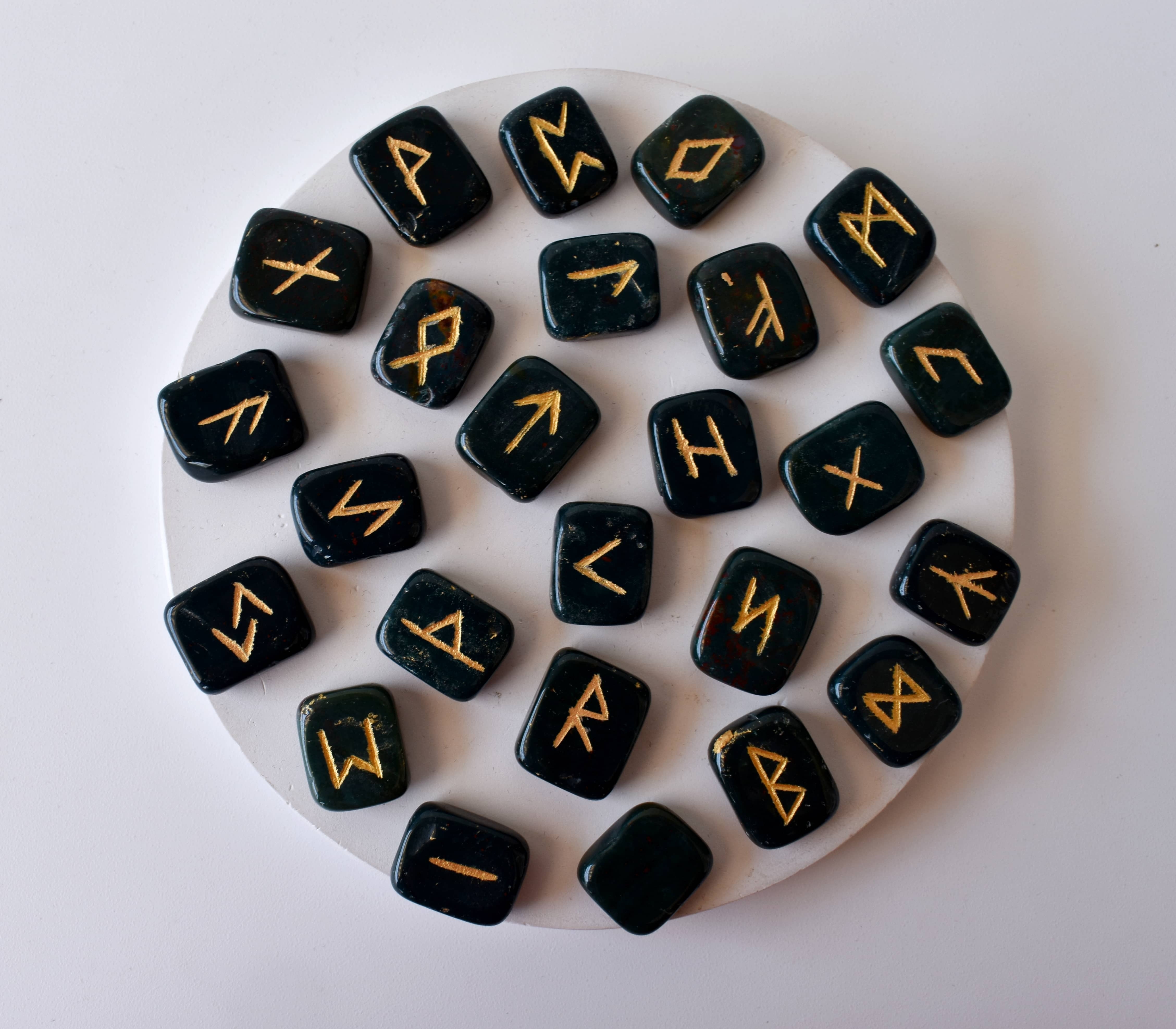 Bloodstone Rune Set - Aaa Natural Stone, 25 Hand-carved Runes With Futhark Symbols, Guidebook And Beautifully Packaged For Gifting