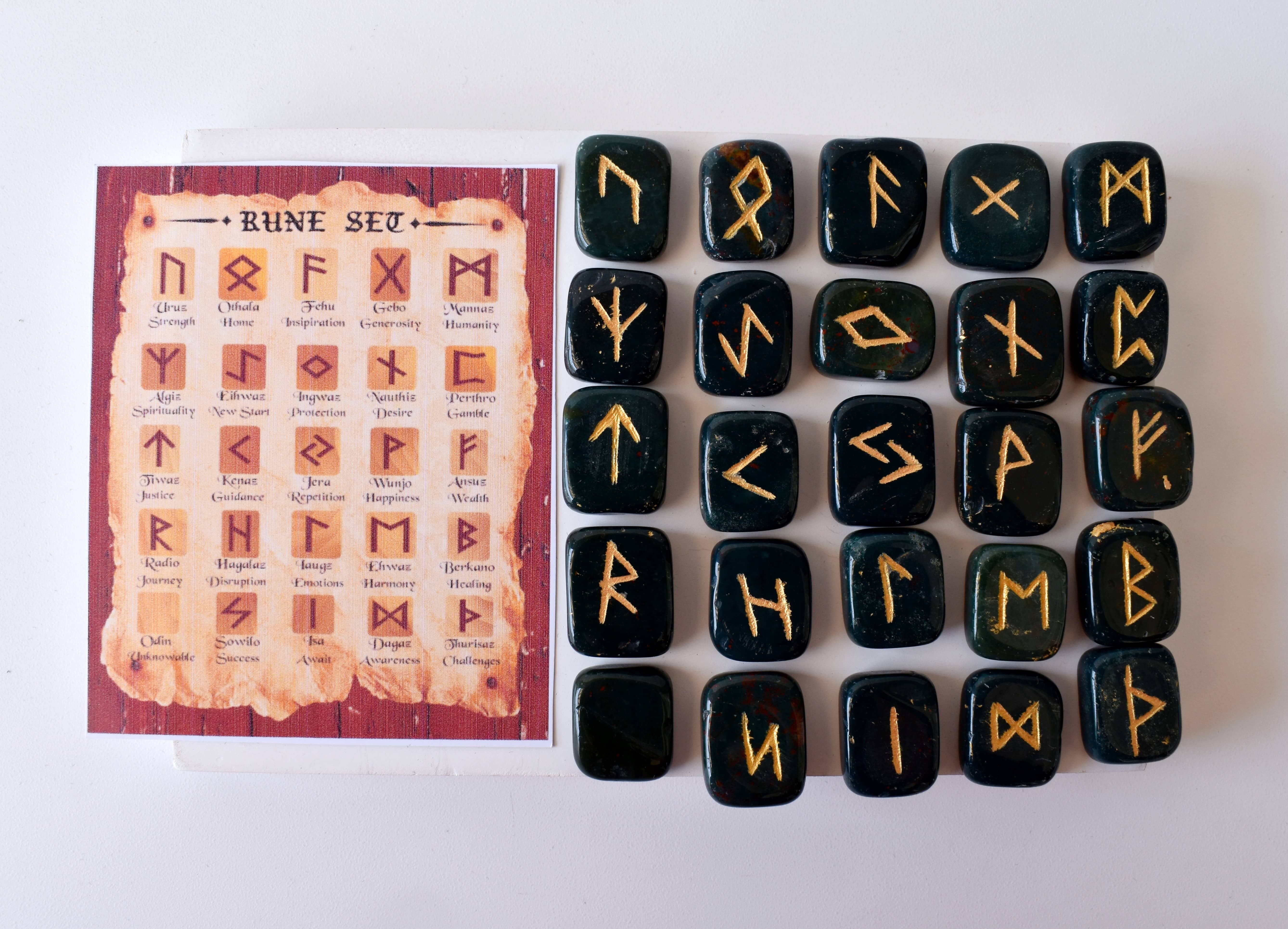 Bloodstone Rune Set - Aaa Natural Stone, 25 Hand-carved Runes With Futhark Symbols, Guidebook And Beautifully Packaged For Gifting