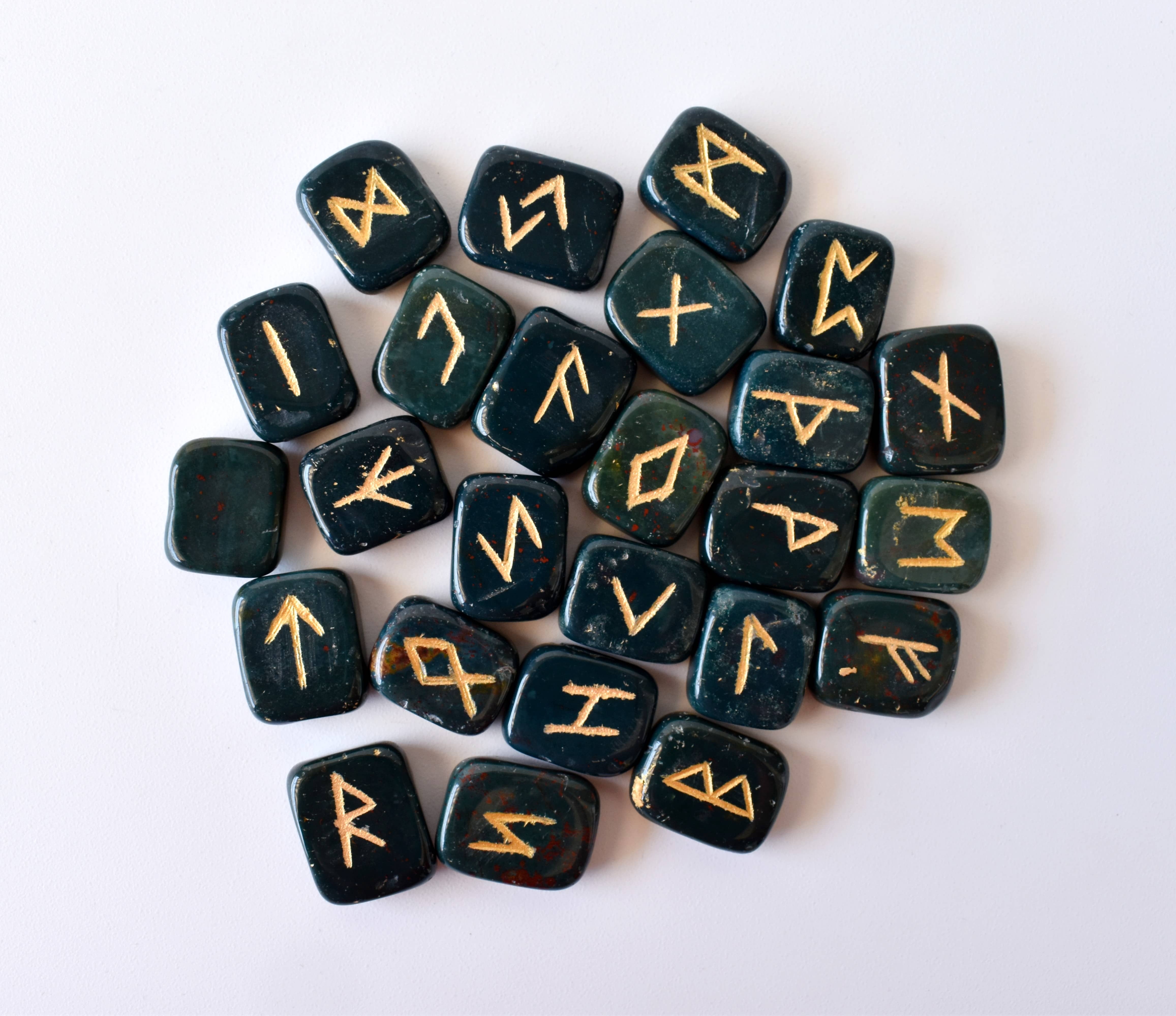 Bloodstone Rune Set - Aaa Natural Stone, 25 Hand-carved Runes With Futhark Symbols, Guidebook And Beautifully Packaged For Gifting