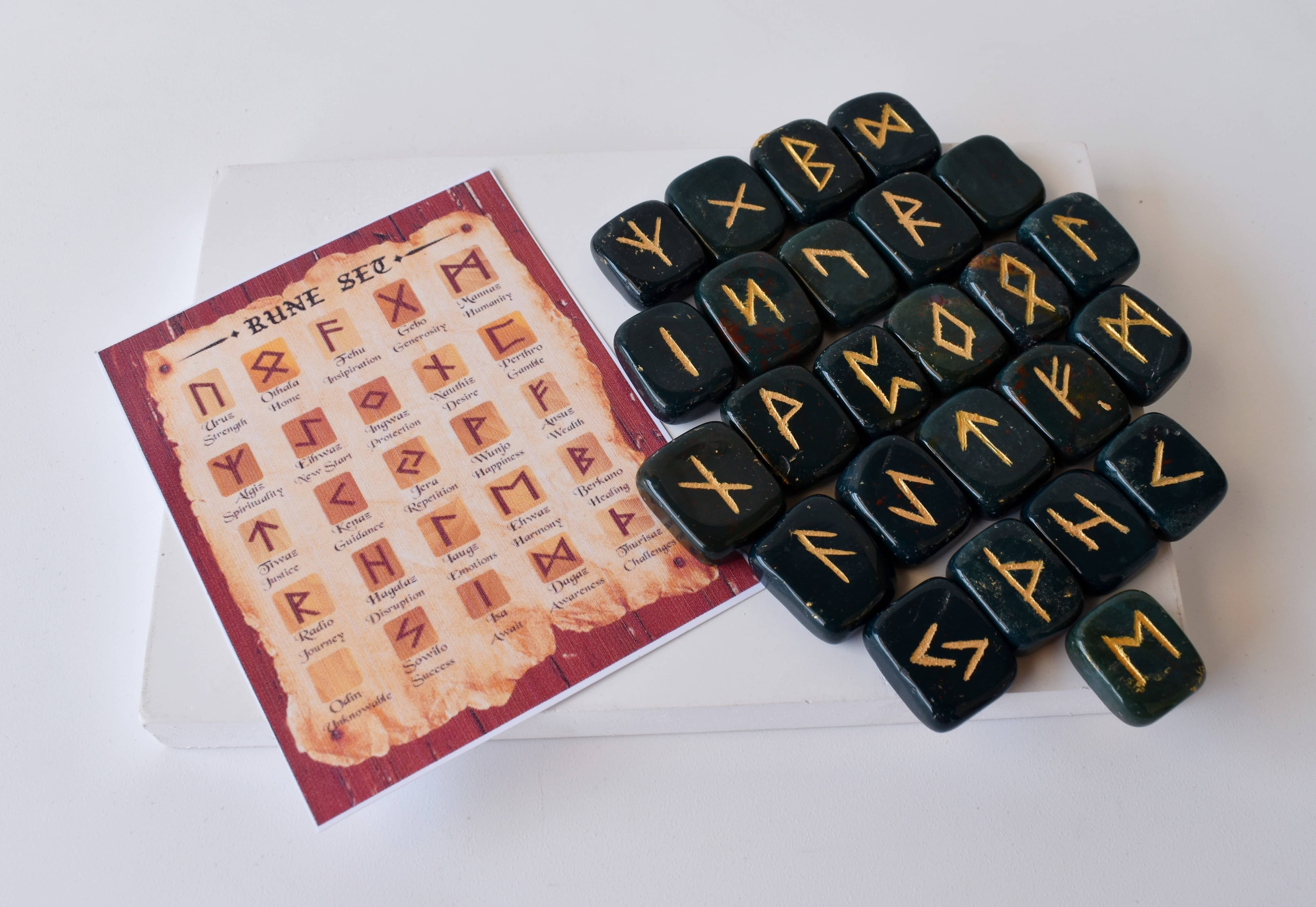 Bloodstone Rune Set - Aaa Natural Stone, 25 Hand-carved Runes With Futhark Symbols, Guidebook And Beautifully Packaged For Gifting