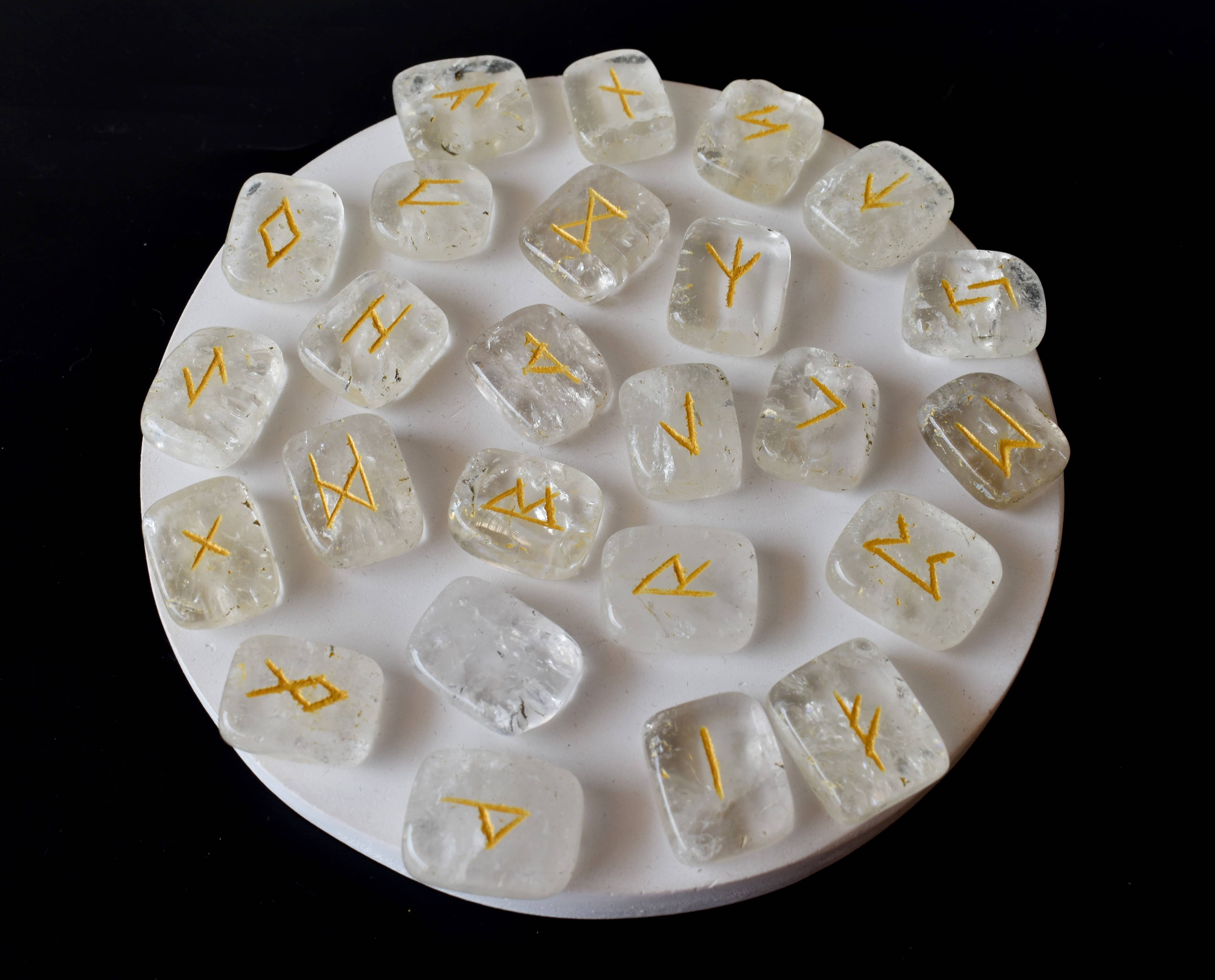 Crystal Quartz Rune Set - Aaa Grade Gemstones, 25 Hand-carved White Quartz Runes With Pouch & Info Cards | Includes Wooden Grid Plate Option